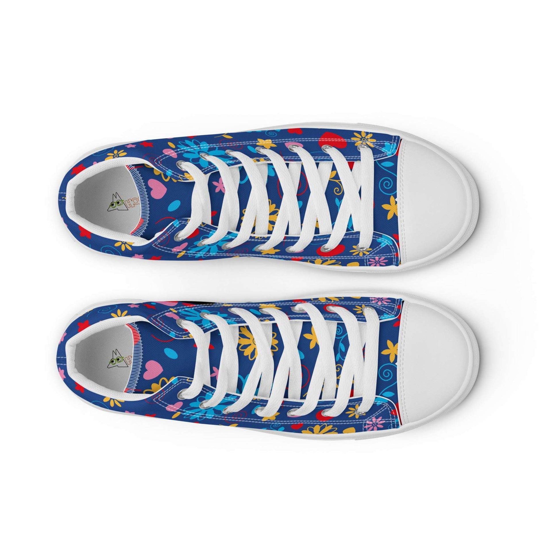 Top down view of unisex Fiesta Sugar Skull blue shoes, aesthetic high-top sneakers by Aymar Quiris Studio with symmetrical sugar skull patterns and white laces.