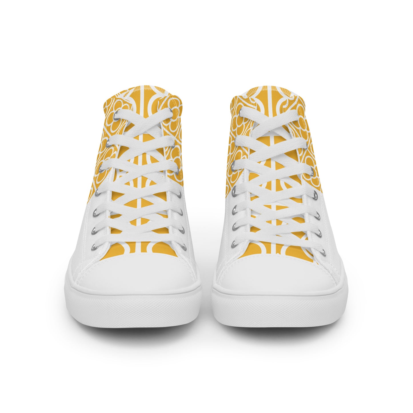 Front view of Spain Floor Tile yellow high-top canvas sneakers by Aymar Quiris Studio, unisex streetwear shoes with traditional Spanish tile pattern