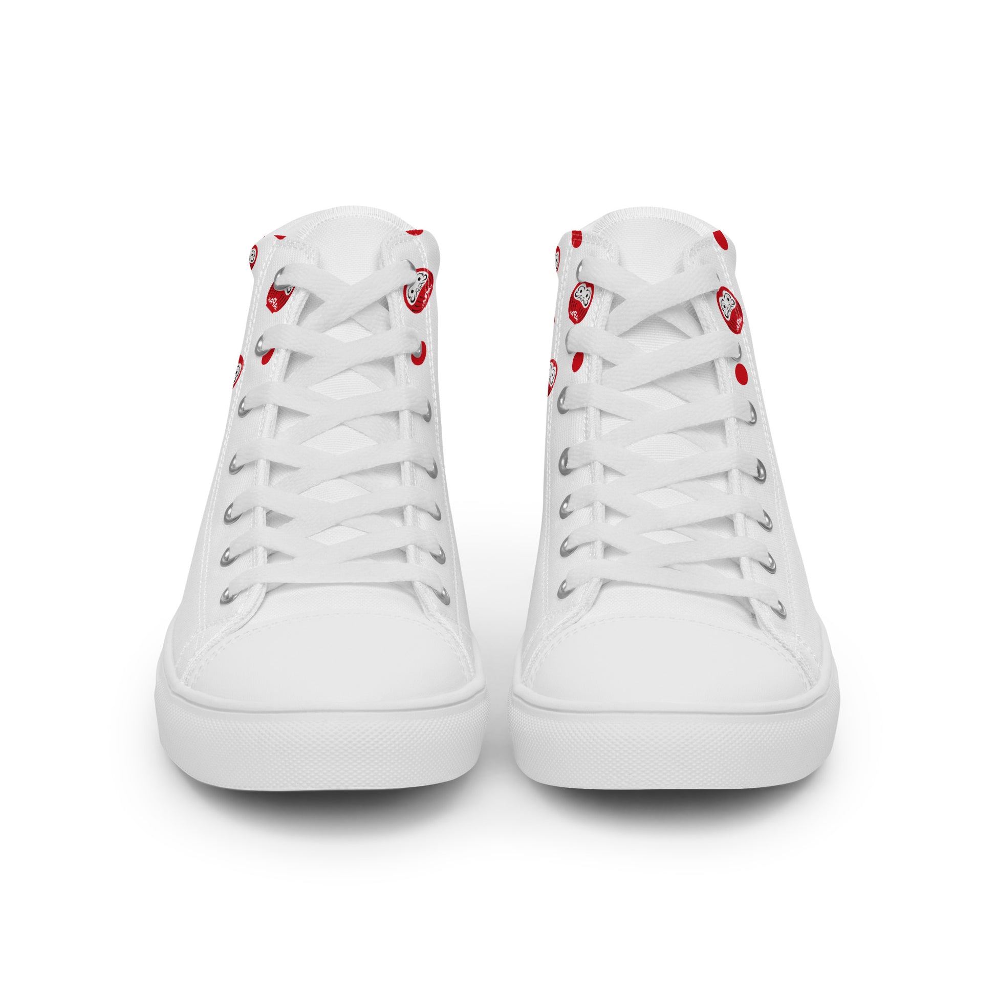 Front view of Japan-Daruma Lucky Charm white shoes by Aymar Quiris Studio, unisex high-top canvas sneakers with Japanese Daruma art, clean white aesthetic footwear.