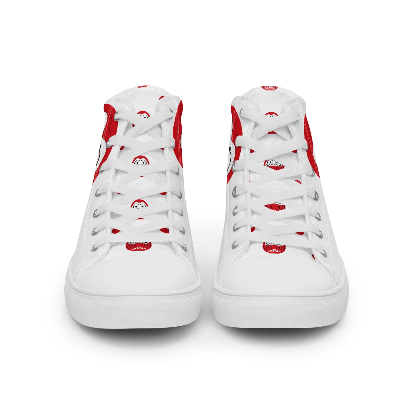 Front view of Japan-Daruma Lucky Steps white and red high-top sneakers by Aymar Quiris Studio, unisex canvas shoes with bold Japanese Daruma graphics.
