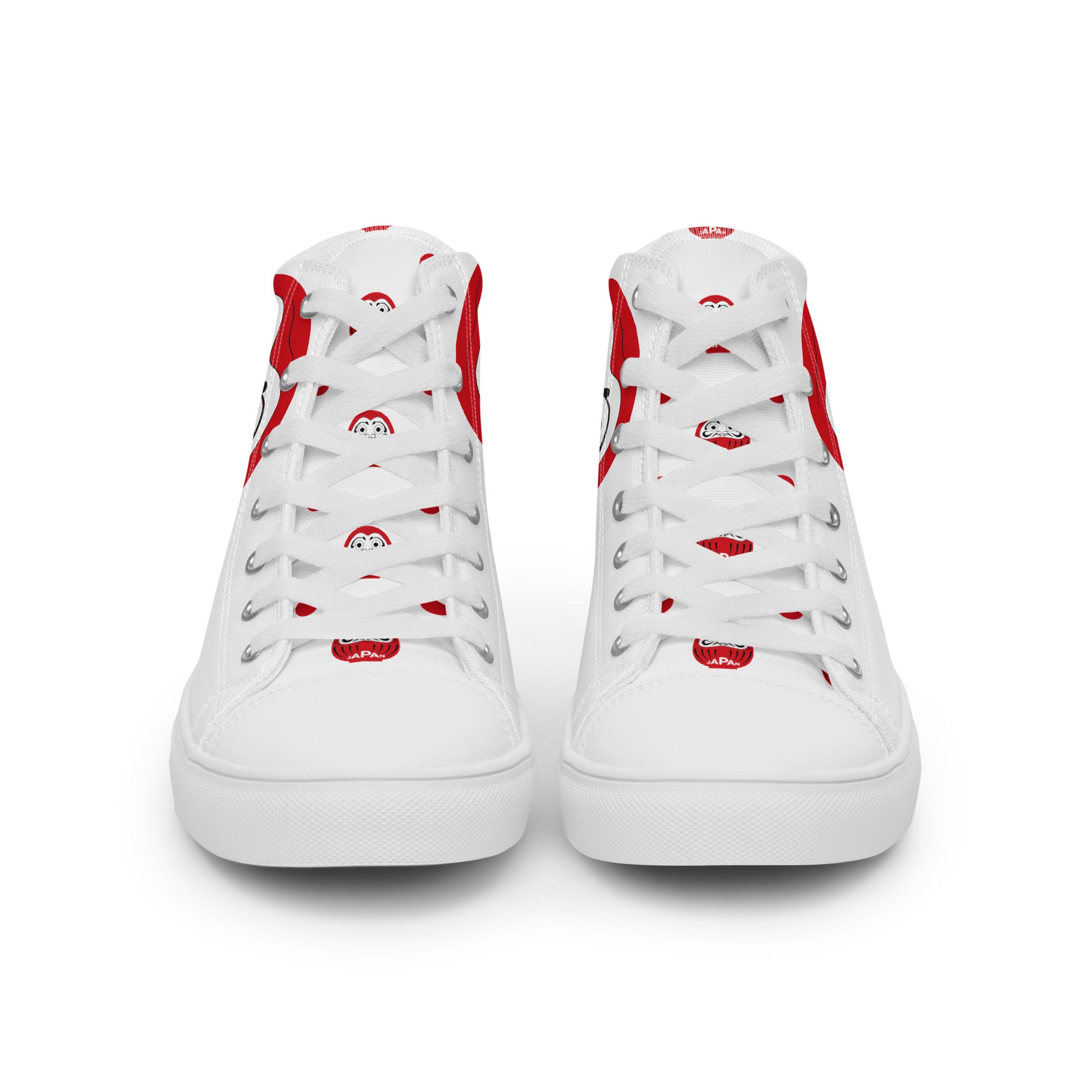 Front view of Japan-Daruma Lucky Steps white and red high-top sneakers by Aymar Quiris Studio, unisex canvas shoes with bold Japanese Daruma graphics.