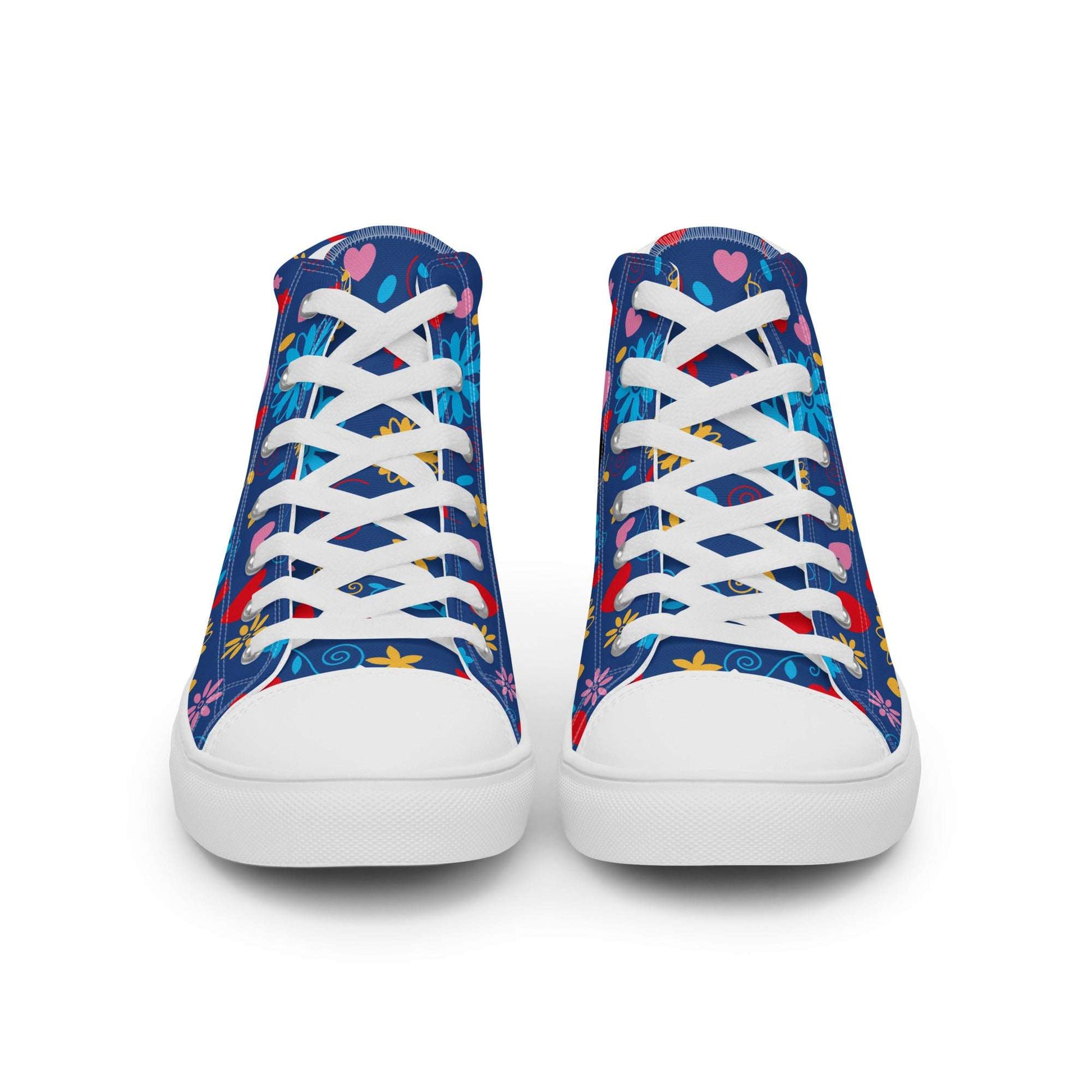 Front view of Fiesta Sugar Skull blue high-top sneakers by Aymar Quiris Studio, unisex canvas shoes with vibrant Mexican folk art mask design.