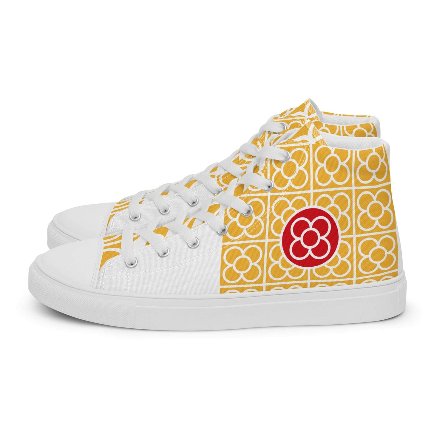 Side profile of Aymar Quiris Studio Spain Floor Tile shoes, vibrant yellow high-top sneakers for men and women featuring intricate Spanish ceramic tile art.