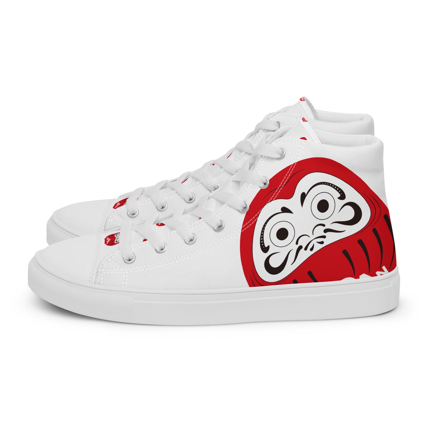 Side profile of Aymar Quiris Studio white and red Daruma shoes, stylish high-top canvas sneakers for men and women with vibrant lucky charm art print.