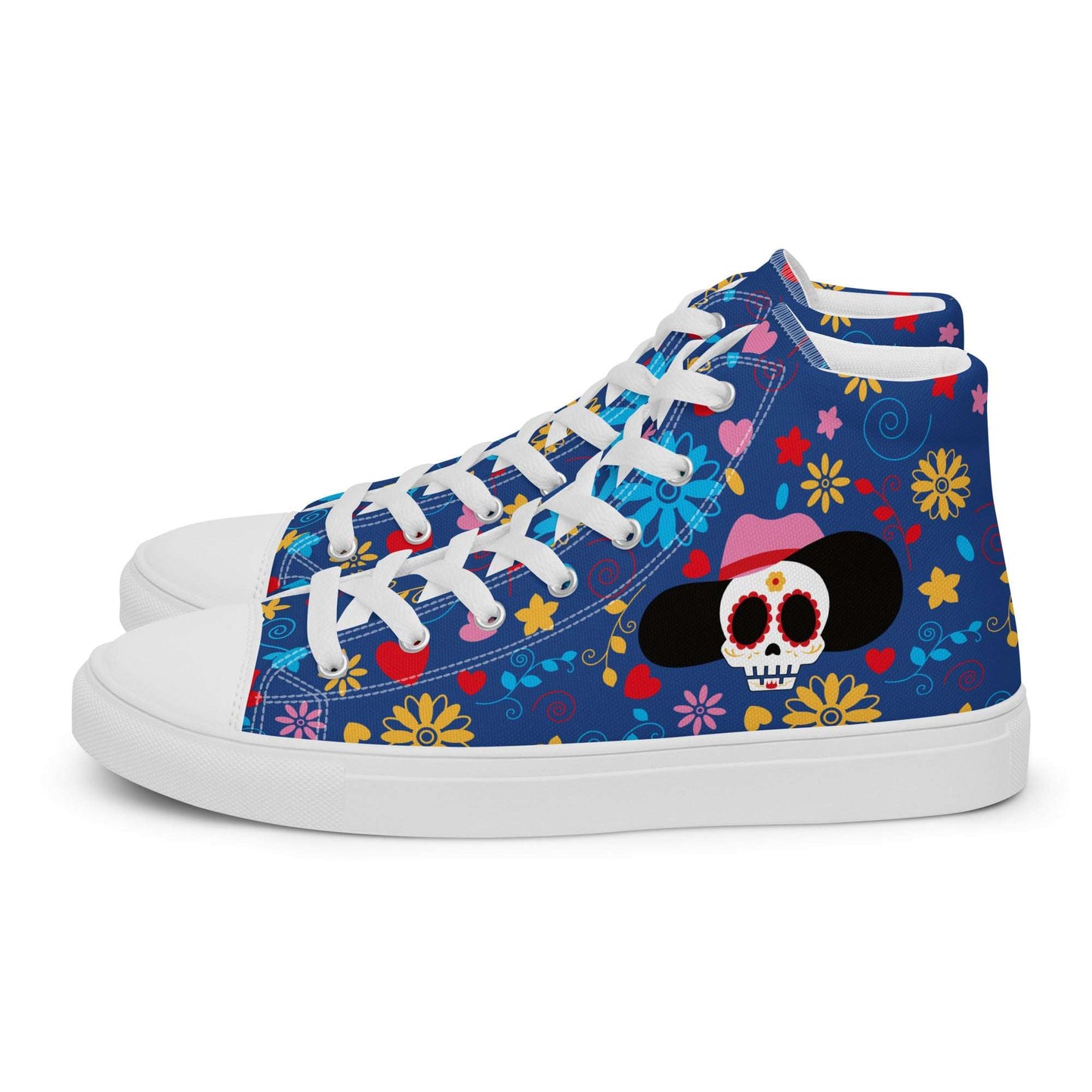 Side profile of Aymar Quiris Studio Fiesta Sugar Skull shoes, stylish blue high-top sneakers for men and women featuring intricate Day of the Dead art print.