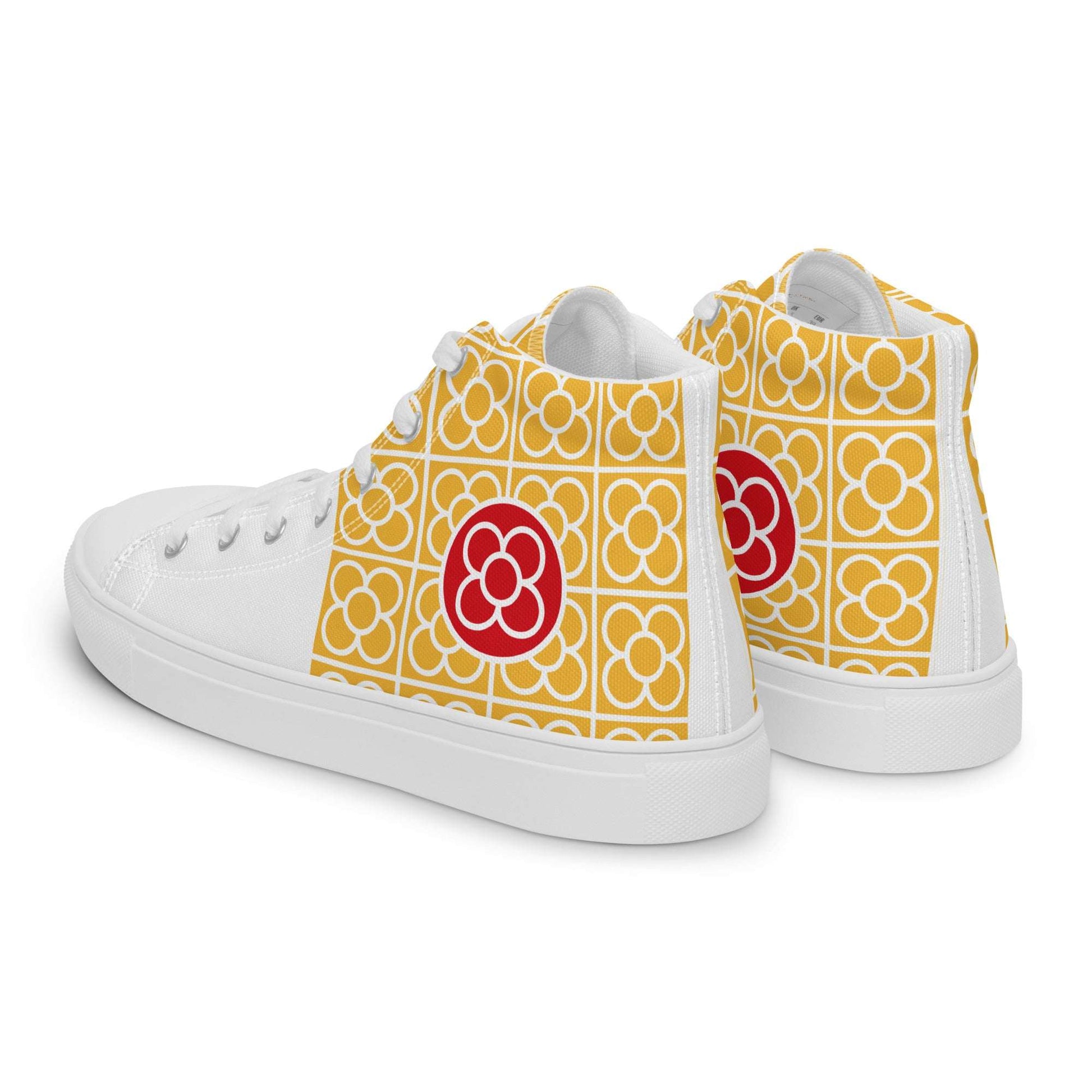 Rear view of Spain Floor Tile yellow sneakers from Aymar Quiris Studio, high-quality unisex canvas high-tops with colorful Mediterranean-inspired graphics.