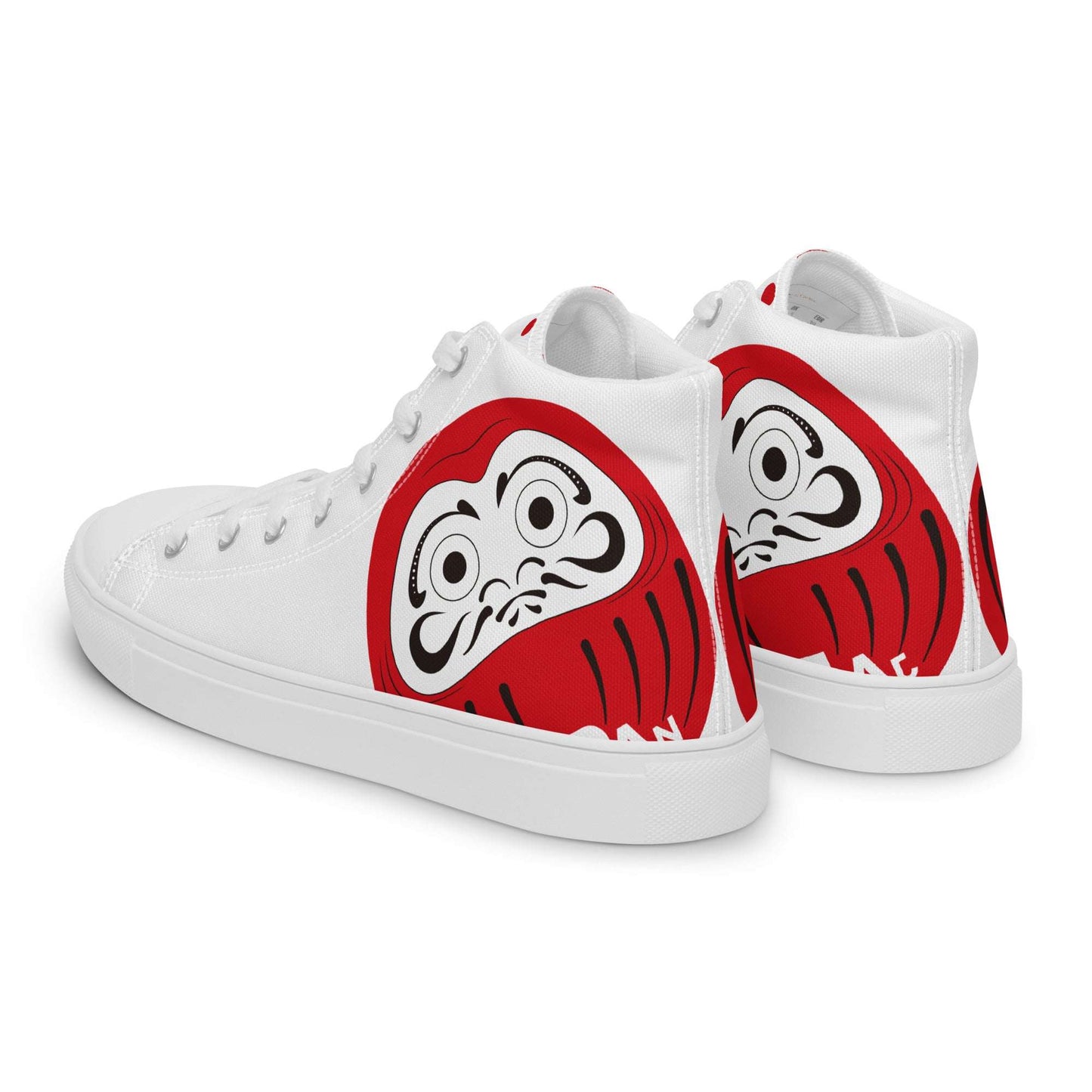 Side profile of Aymar Quiris Studio white and red Daruma shoes, stylish high-top canvas sneakers for men and women with vibrant lucky charm art print.
