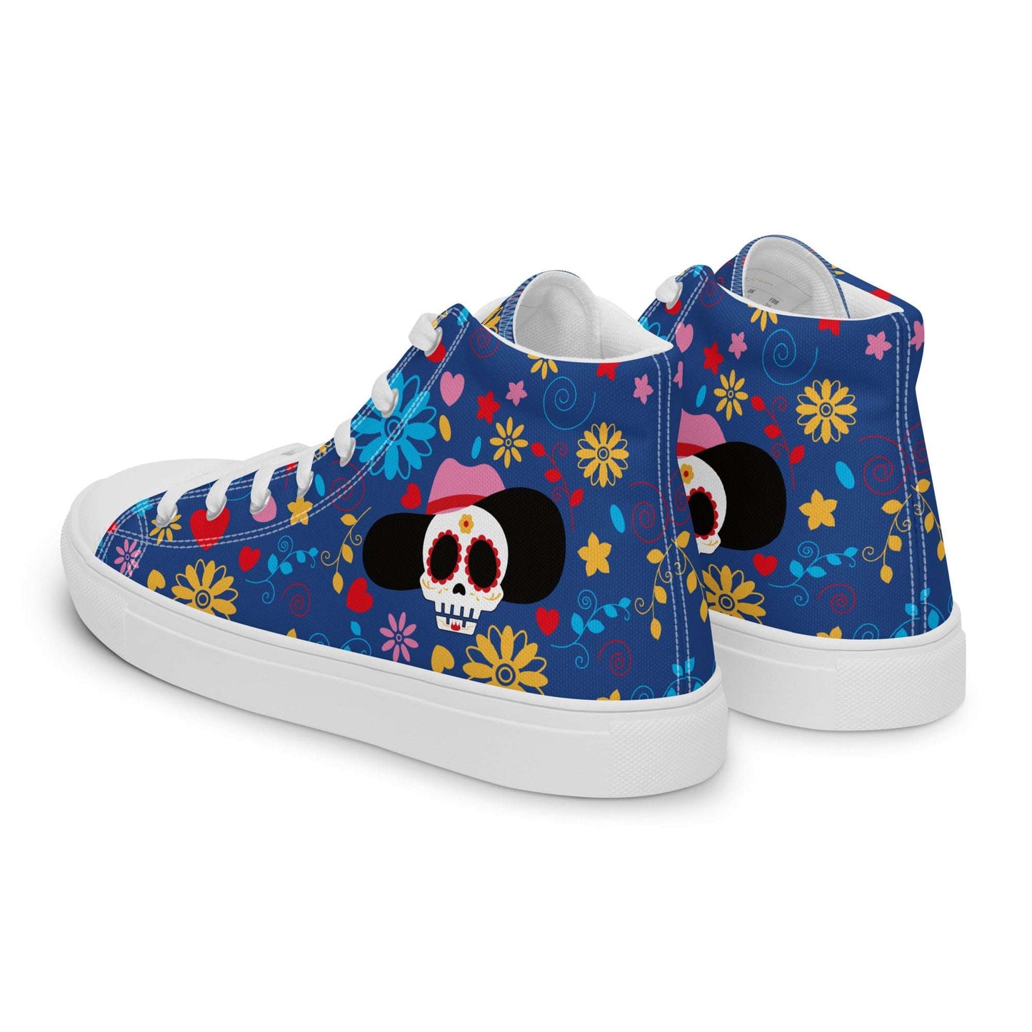 Rear view of Fiesta Sugar Skull blue sneakers from Aymar Quiris Studio, high-quality unisex canvas high-tops with colorful ethnic skull graphics.