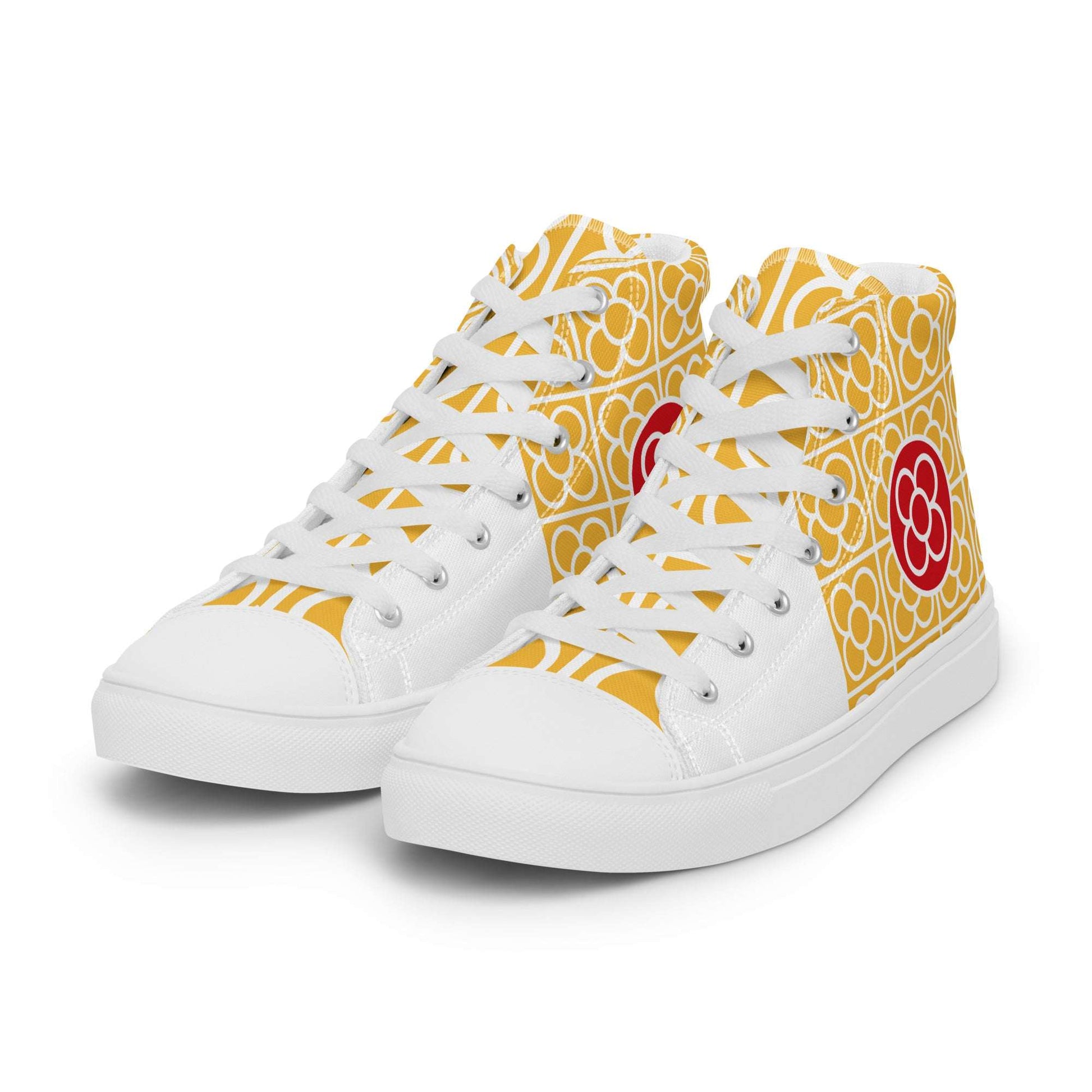 Front view of Spain Floor Tile yellow high-top canvas sneakers by Aymar Quiris Studio, unisex streetwear shoes with traditional Spanish tile pattern.