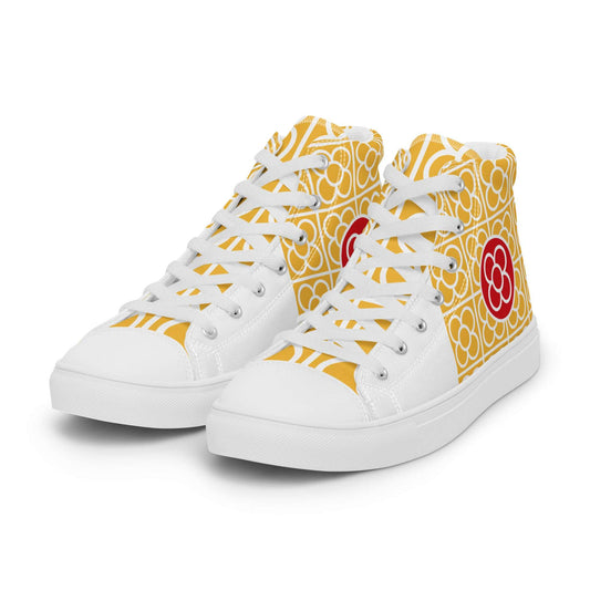 Front view of Spain Floor Tile yellow high-top canvas sneakers by Aymar Quiris Studio, unisex streetwear shoes with traditional Spanish tile pattern.