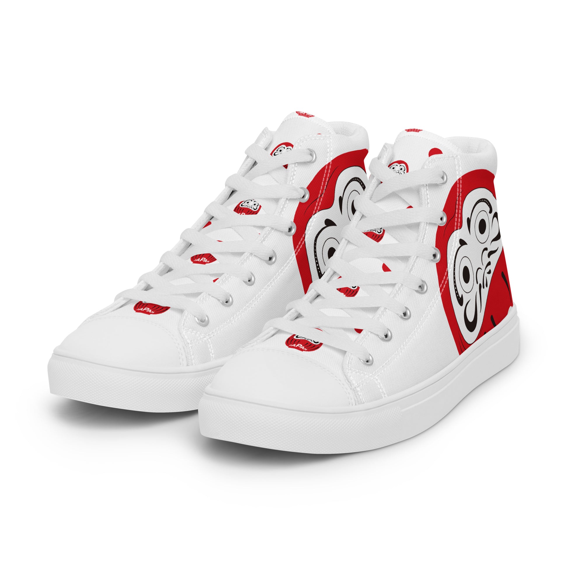 Side profile of Aymar Quiris Studio white and red Daruma shoes, stylish high-top canvas sneakers for men and women with vibrant lucky charm art print.