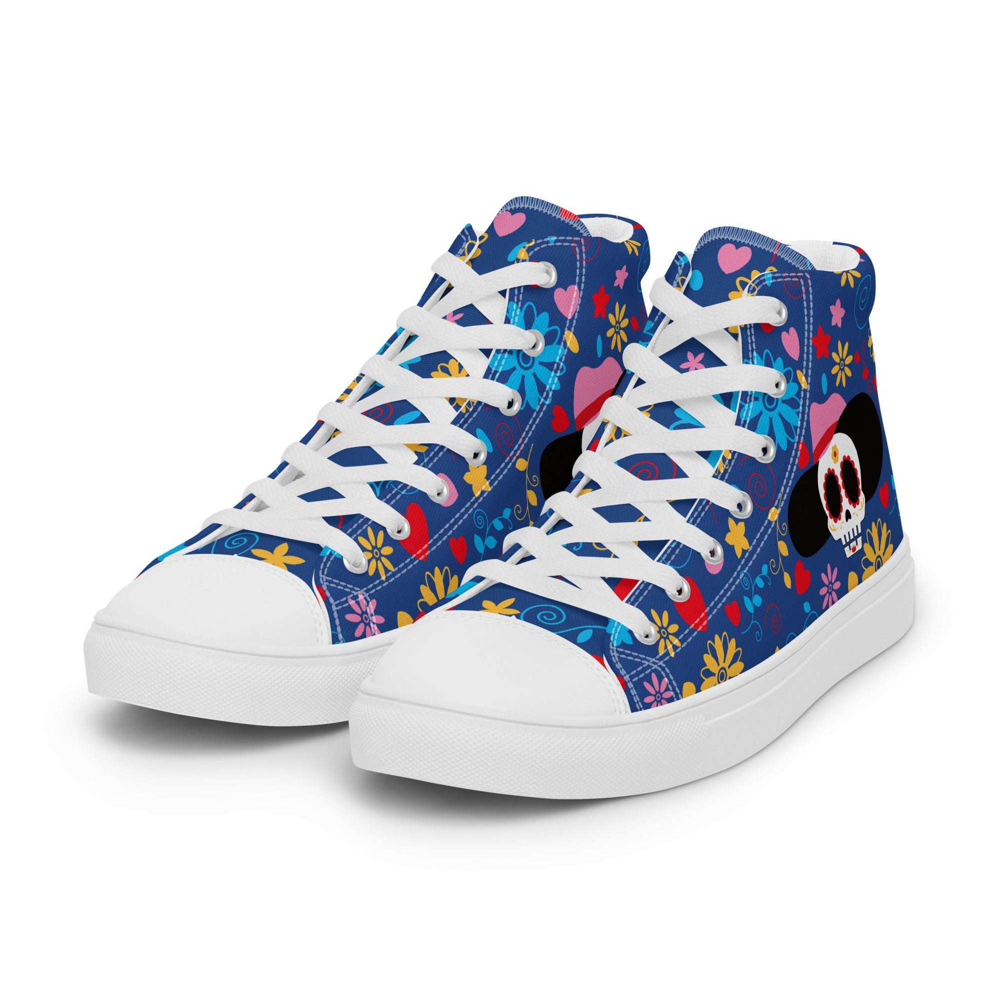 Side profile of Aymar Quiris Studio Fiesta Sugar Skull shoes, stylish blue high-top sneakers for men and women featuring intricate Day of the Dead art print.