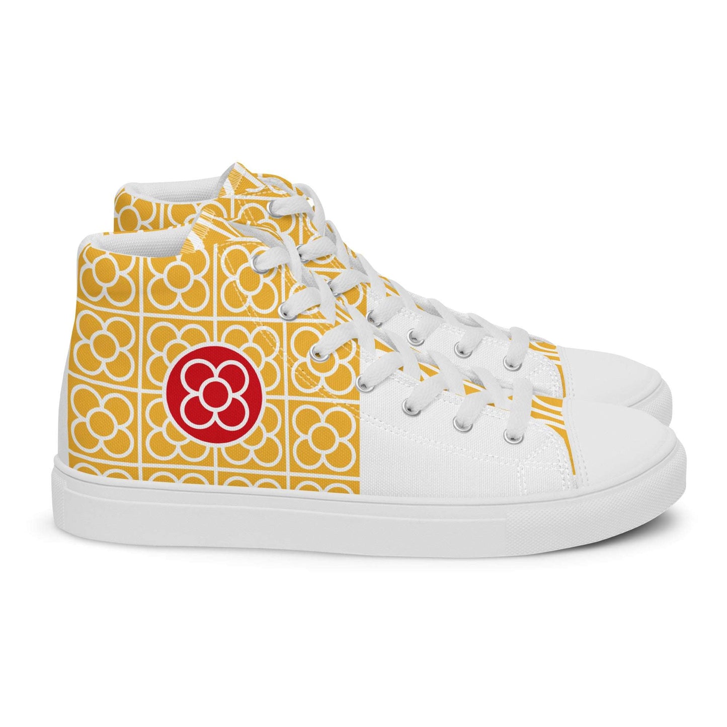 Side profile of Aymar Quiris Studio Spain Floor Tile shoes, vibrant yellow high-top sneakers for men and women featuring intricate Spanish ceramic tile art.