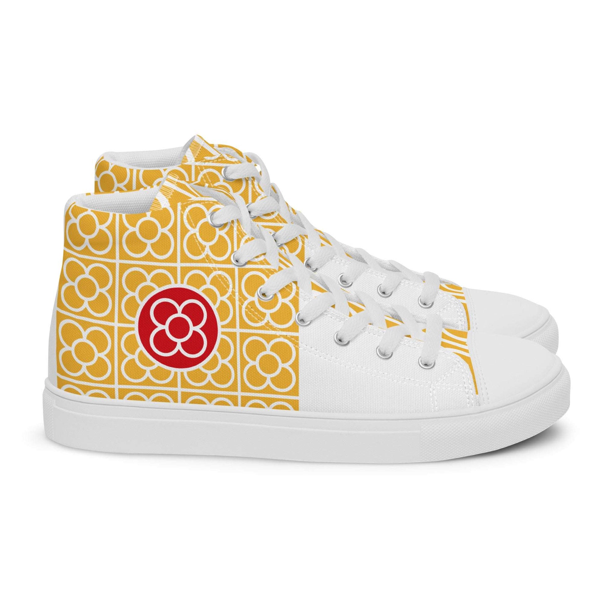Side profile of Aymar Quiris Studio Spain Floor Tile shoes, vibrant yellow high-top sneakers for men and women featuring intricate Spanish ceramic tile art.