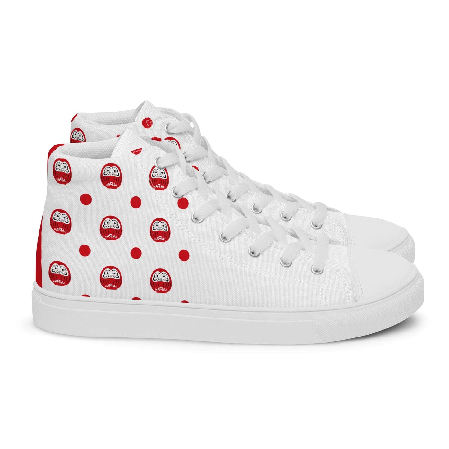 Rear view of Aymar Quiris Studio white Japan-Daruma shoes, stylish unisex sneakers featuring lucky charm graphics, high-quality heel detail and construction.