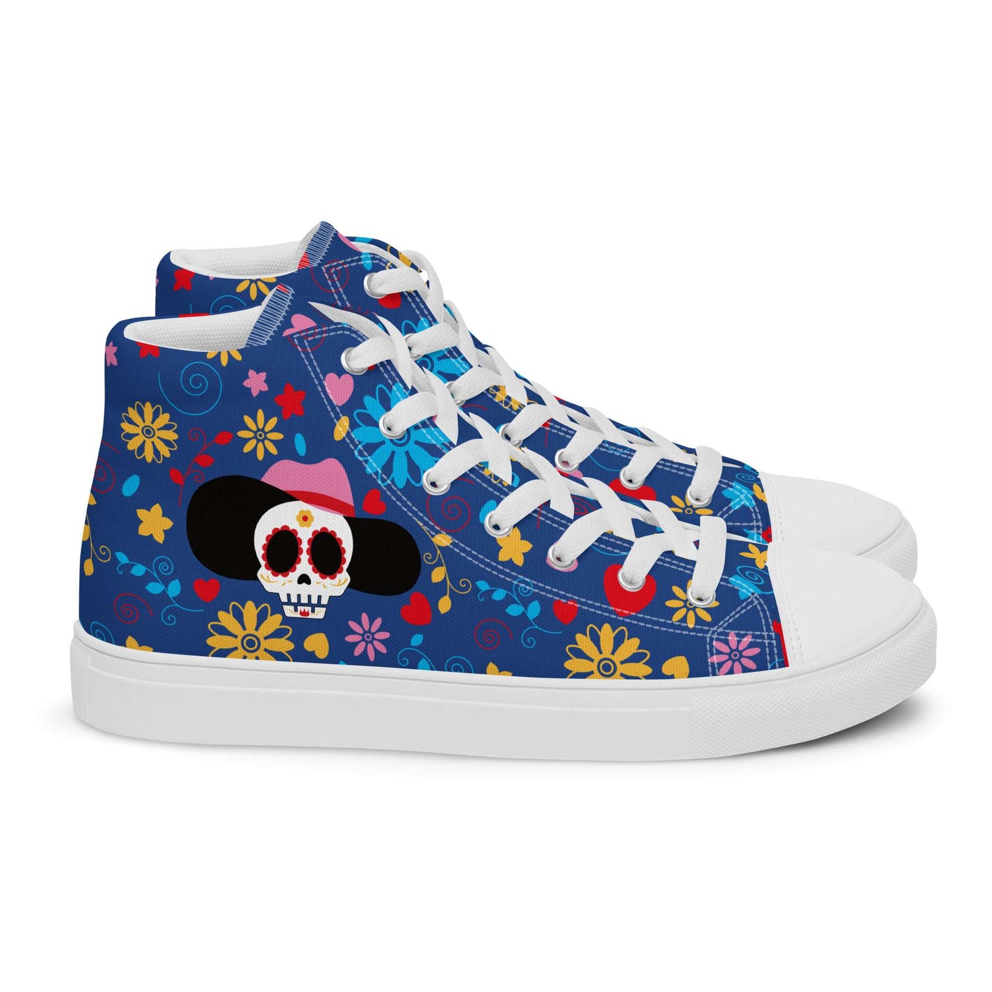 Side profile of Aymar Quiris Studio Fiesta Sugar Skull shoes, stylish blue high-top sneakers for men and women featuring intricate Day of the Dead art print.