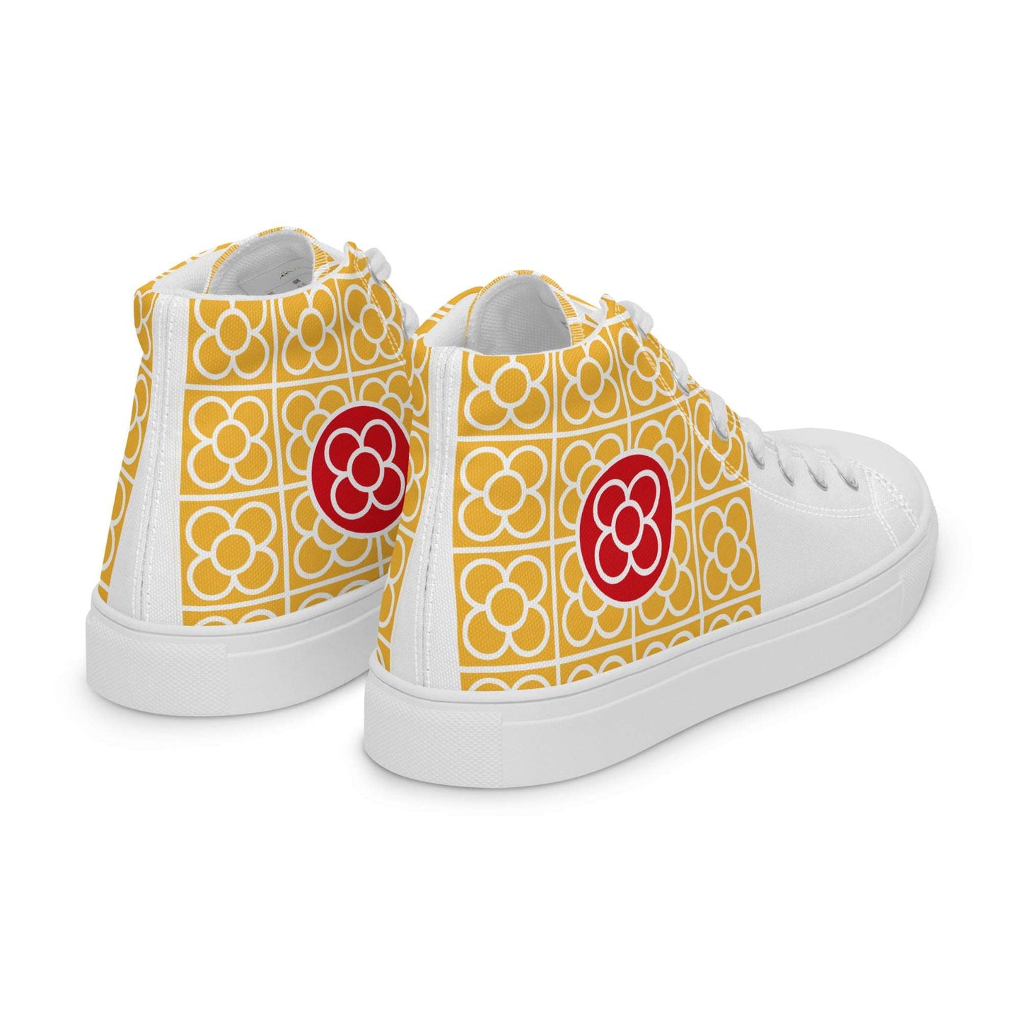 Side profile of Aymar Quiris Studio Spain Floor Tile shoes, vibrant yellow high-top sneakers for men and women featuring intricate Spanish ceramic tile art.