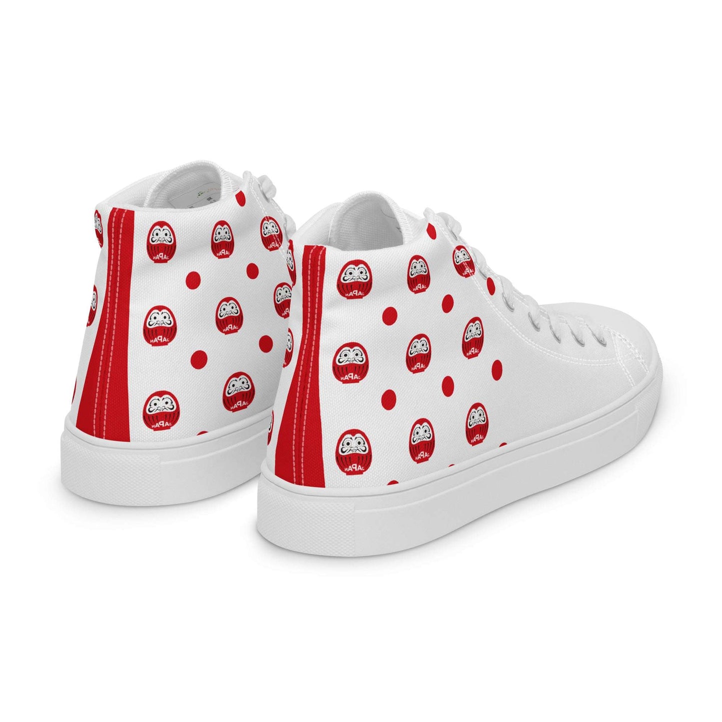Rear view of Aymar Quiris Studio white Japan-Daruma shoes, stylish unisex sneakers featuring lucky charm graphics, high-quality heel detail and construction.