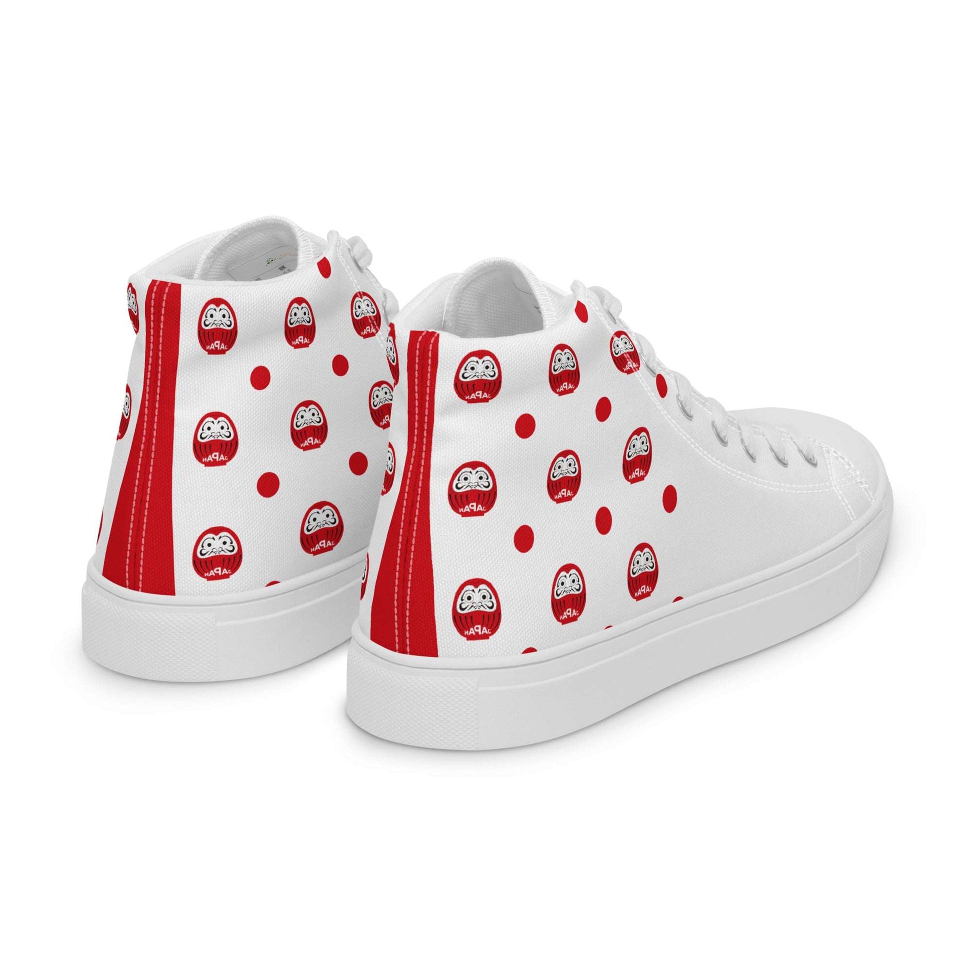 Rear view of Aymar Quiris Studio white Japan-Daruma shoes, stylish unisex sneakers featuring lucky charm graphics, high-quality heel detail and construction.