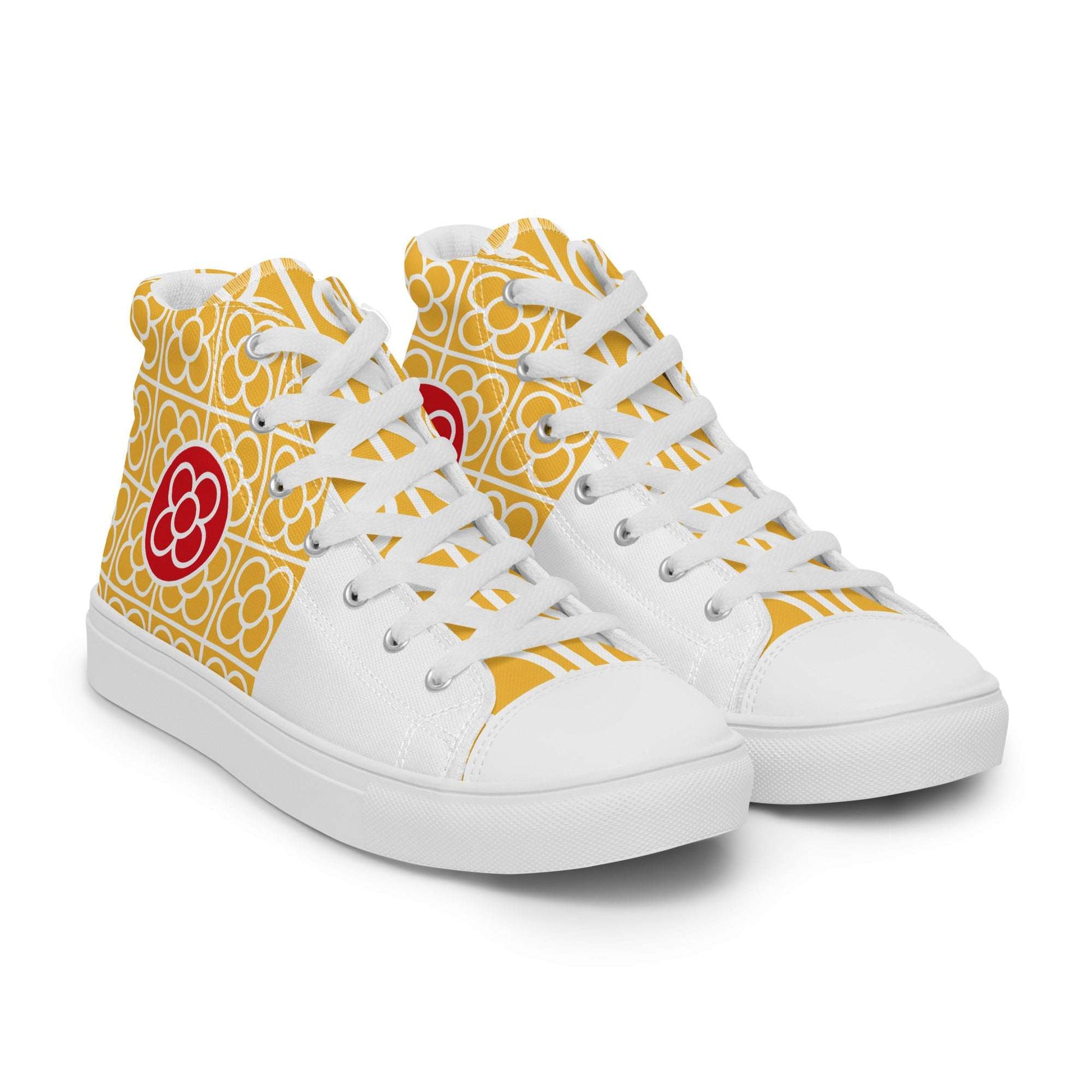 Side profile of Aymar Quiris Studio Spain Floor Tile shoes, vibrant yellow high-top sneakers for men and women featuring intricate Spanish ceramic tile art.