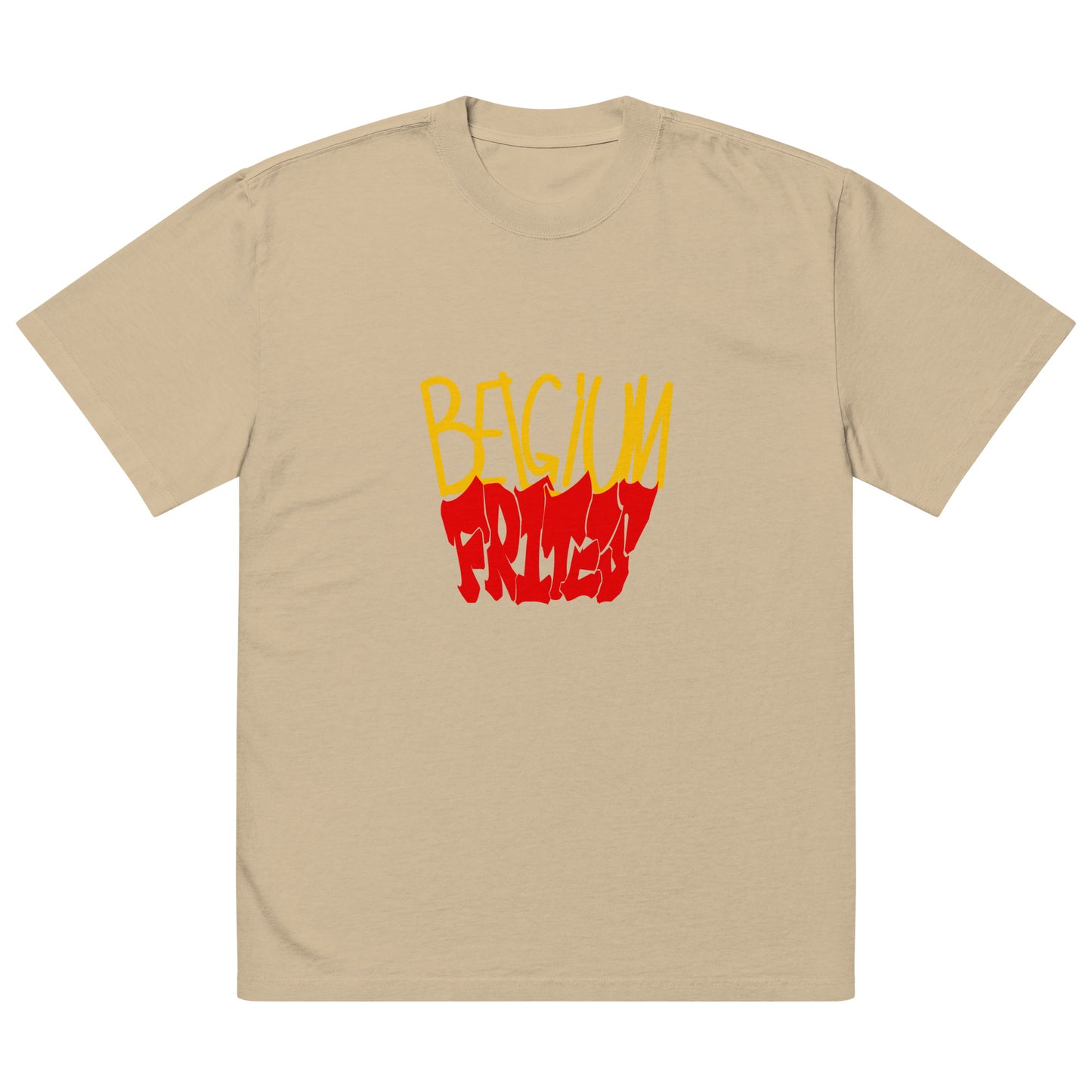 Aymar Quiris Studio light brown oversized faded t-shirt, unisex earth tone vintage wash tee, stylish baggy French fries graphic shirt.