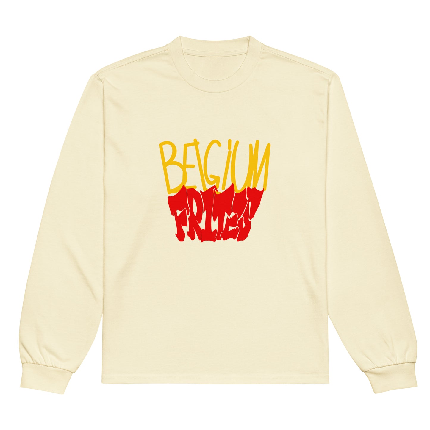 Frites beige long sleeve shirt by Aymar Quiris Studio, unisex sand color graphic t-shirt with French fries design, comfortable cream cotton top.