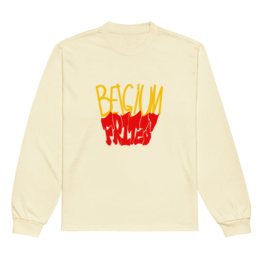 Frites beige long sleeve shirt by Aymar Quiris Studio, unisex sand color graphic t-shirt with French fries design, comfortable cream cotton top.