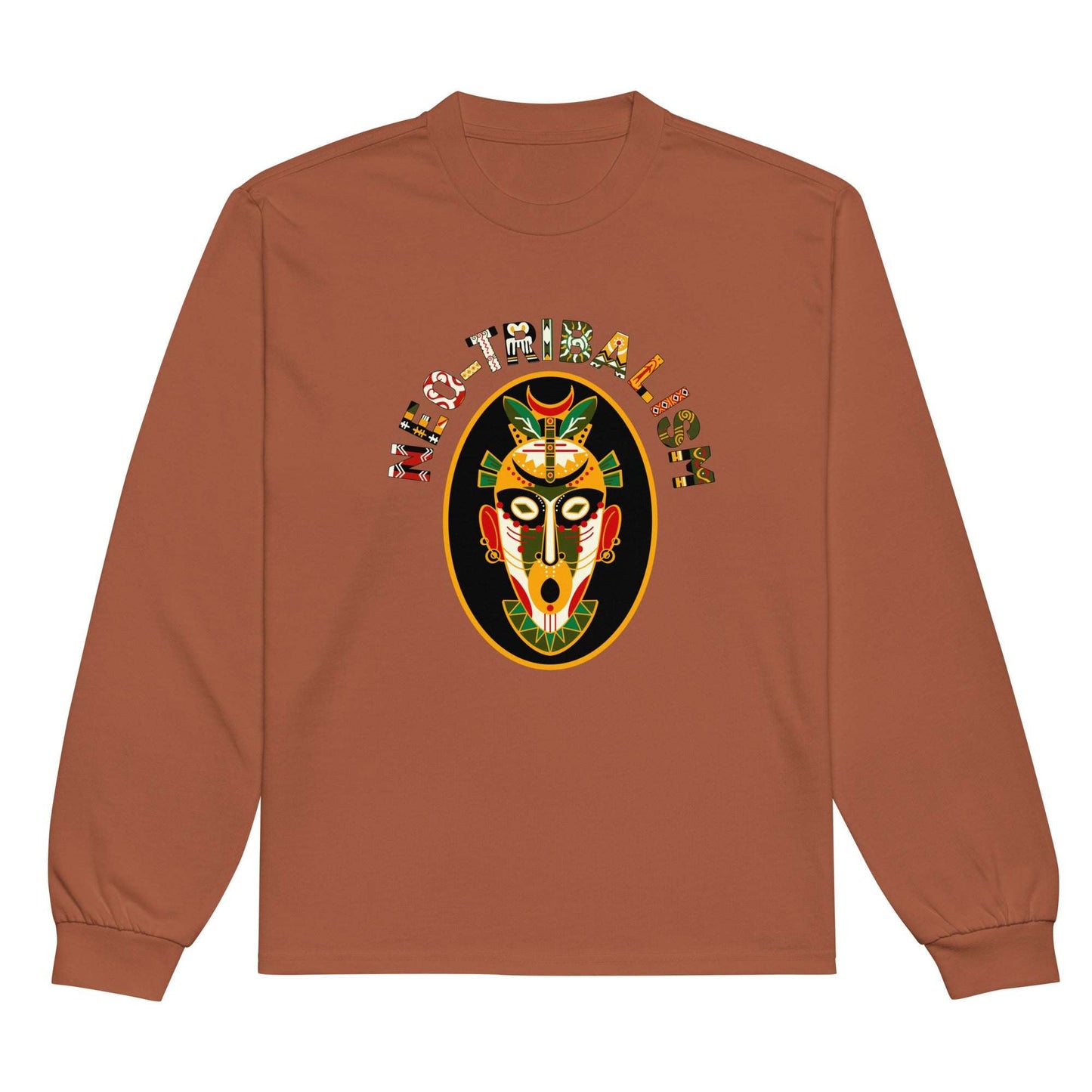 Aymar Quiris Studio brown Africa-Neo Tribal long sleeve T-shirt, retro earth tone unisex shirt with tribal mask art, vintage-inspired streetwear fashion.