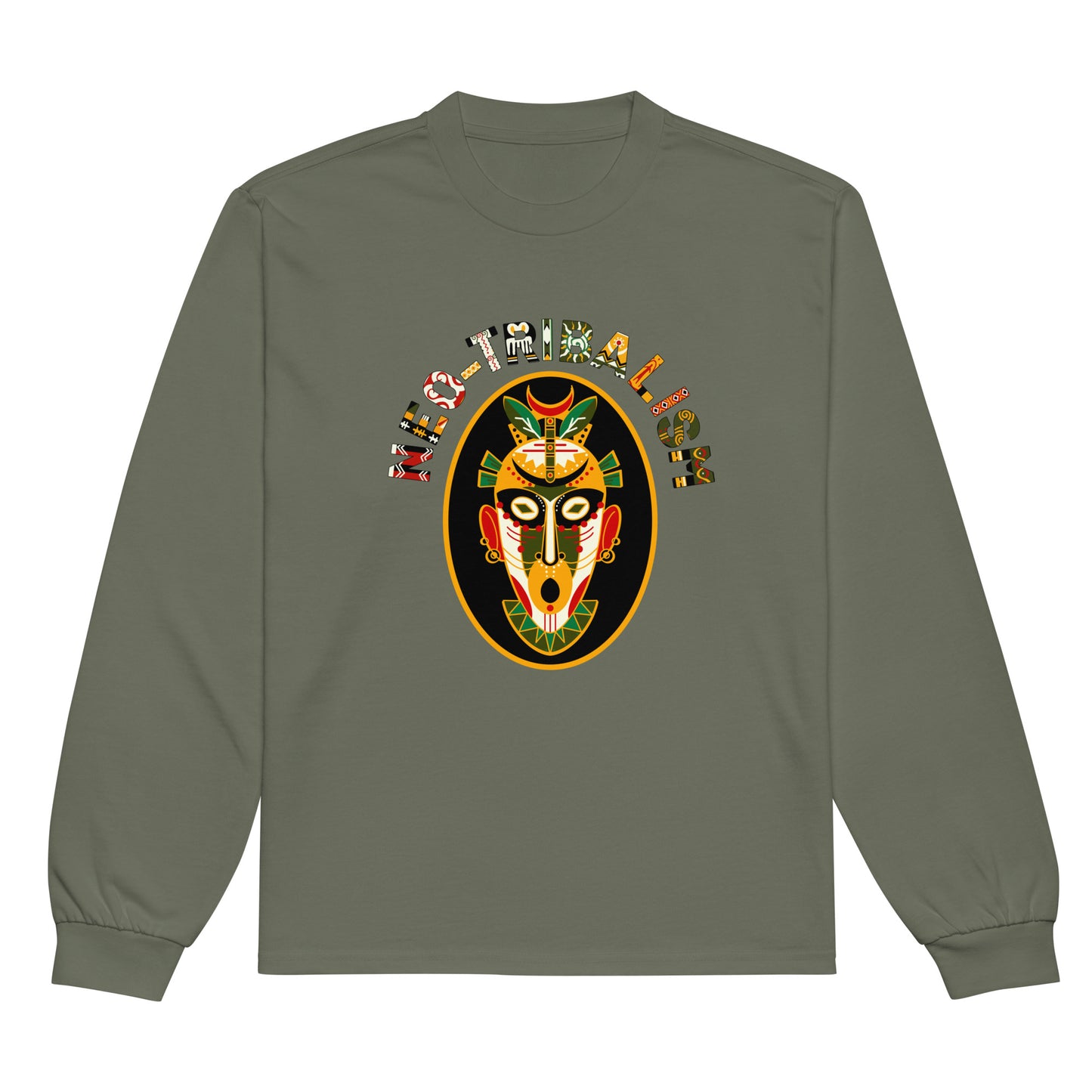 Forest green Africa-Neo Tribal Mask long sleeve tee from Aymar Quiris Studio, trendy unisex streetwear shirt with bold ethnic graphics, stylish retro fashion top.