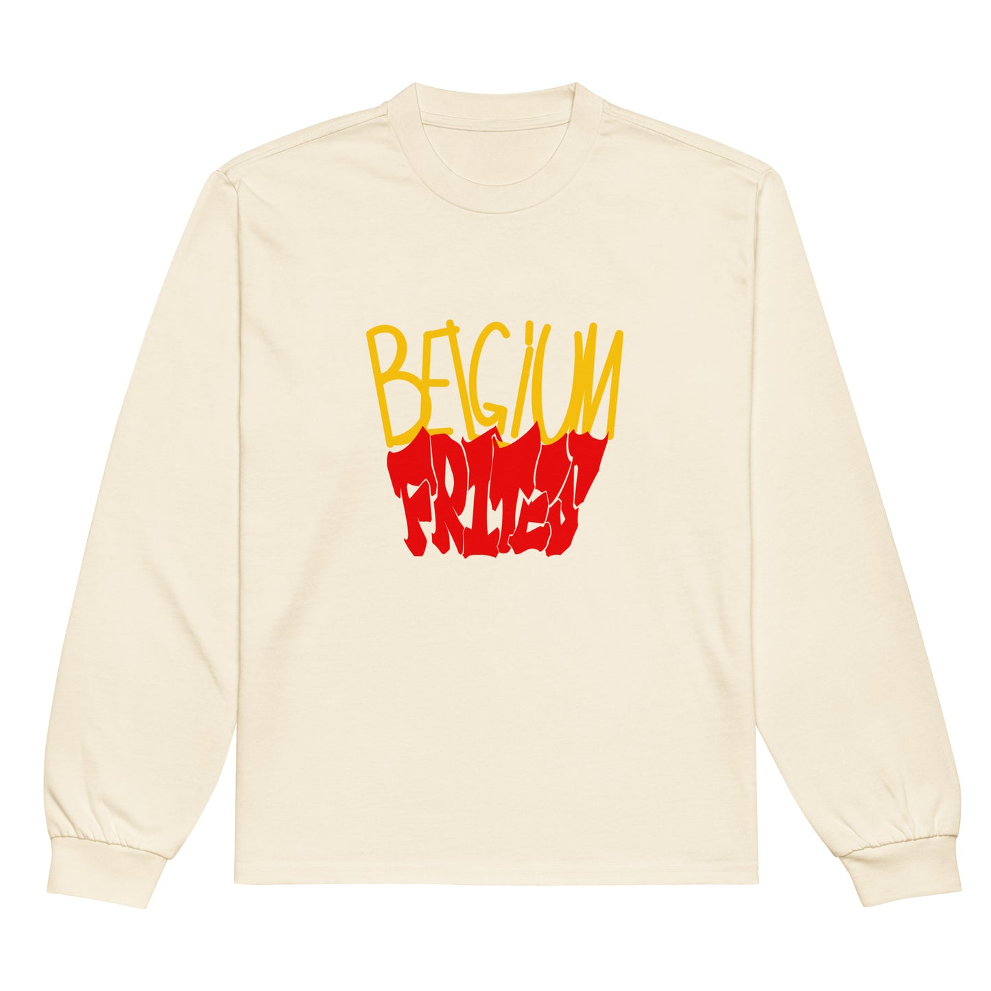 Frites white long sleeve shirt from Aymar Quiris Studio, clean white unisex graphic tee with vibrant French fries print, classic casual wear.