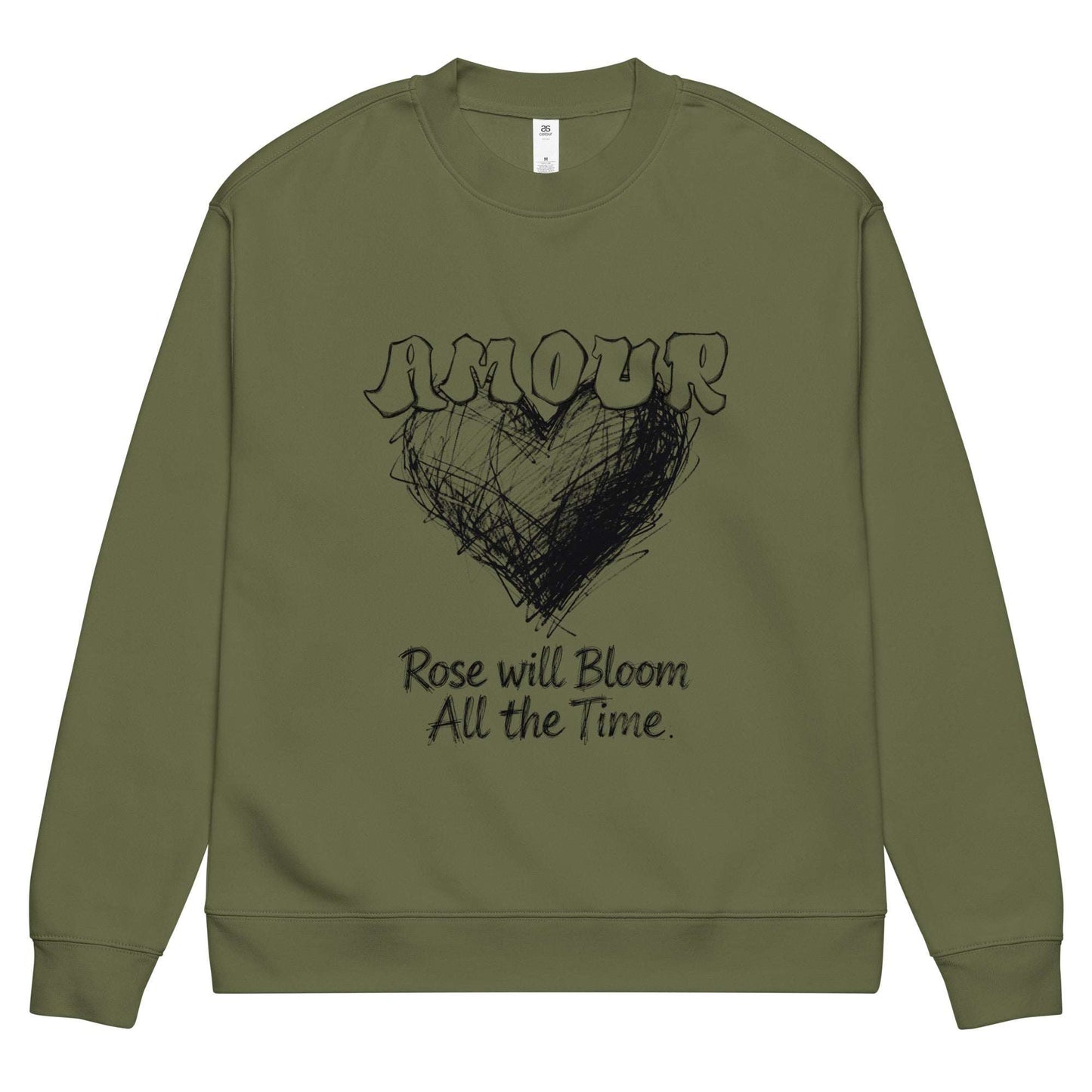 Amour green streetwear sweatshirt by Aymar Quiris Studio, unisex forest green crewneck pullover with Amour graphic, stylish casual streetwear