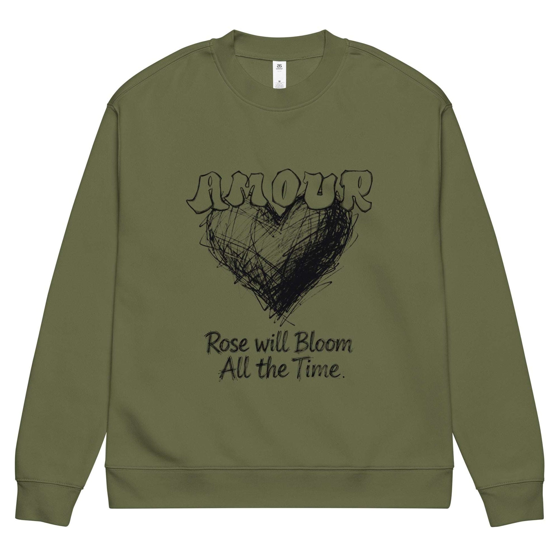 Amour green streetwear sweatshirt by Aymar Quiris Studio, unisex forest green crewneck pullover with Amour graphic, stylish casual streetwear