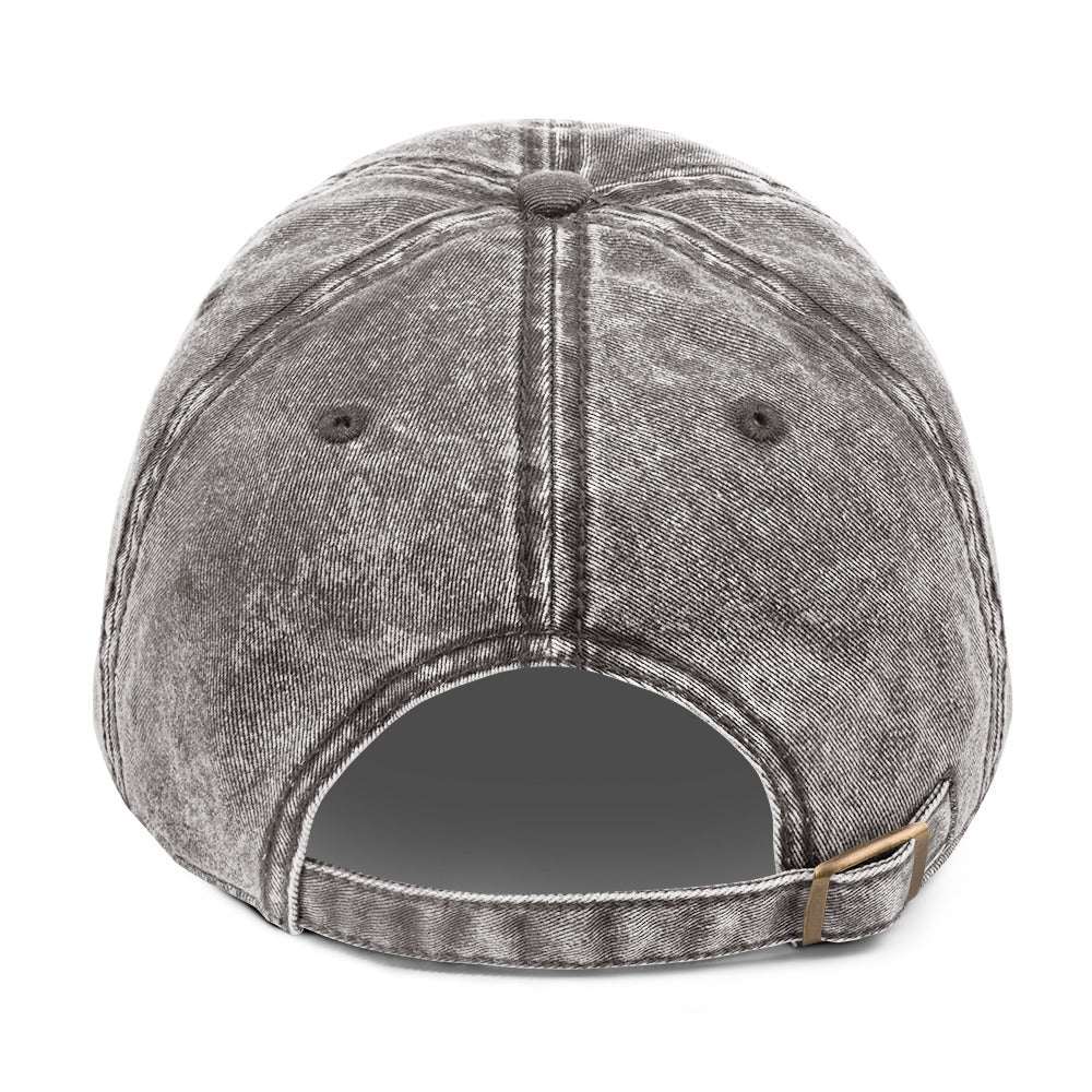 Rear view of grey Amour cap from Aymar Quiris Studio, adjustable metal buckle strapback, vintage grey unisex cap back detail.