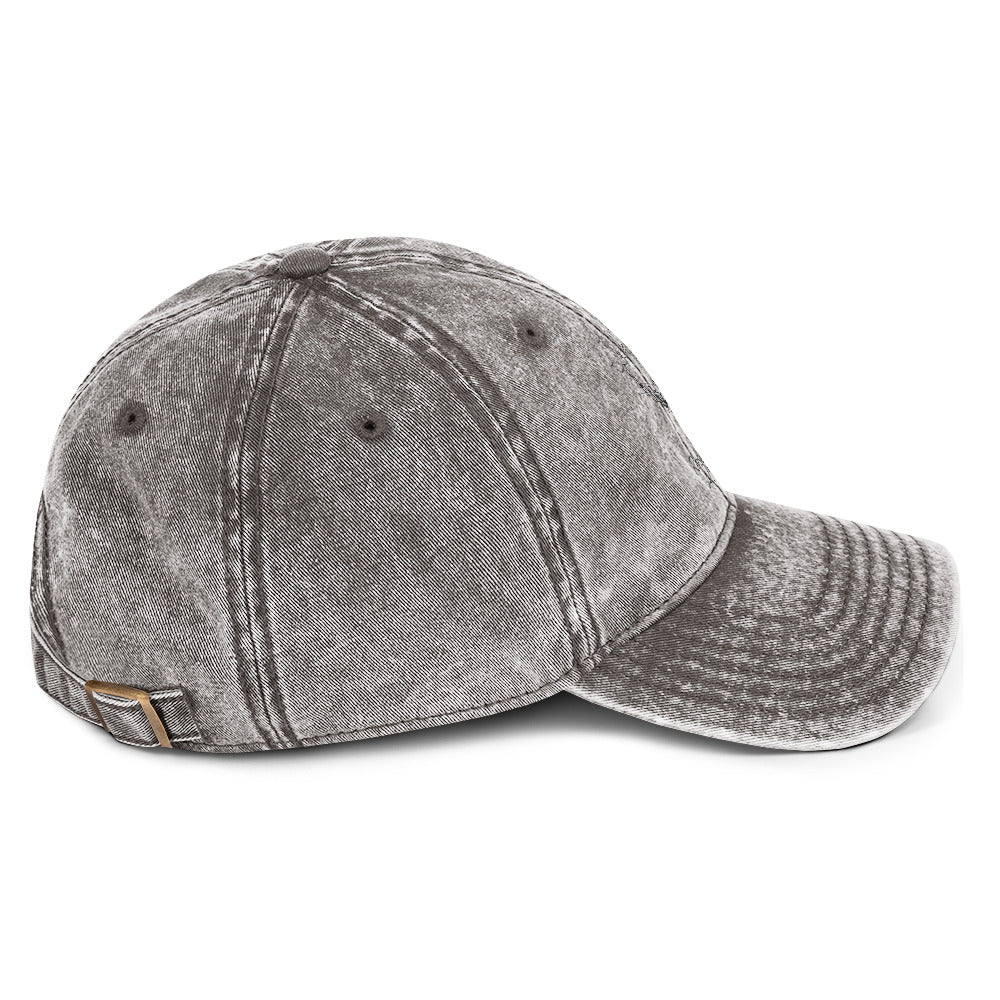 Side view of Aymar Quiris Studio grey Amour cap, classic retro 6-panel baseball hat, neutral tone street style headwear.