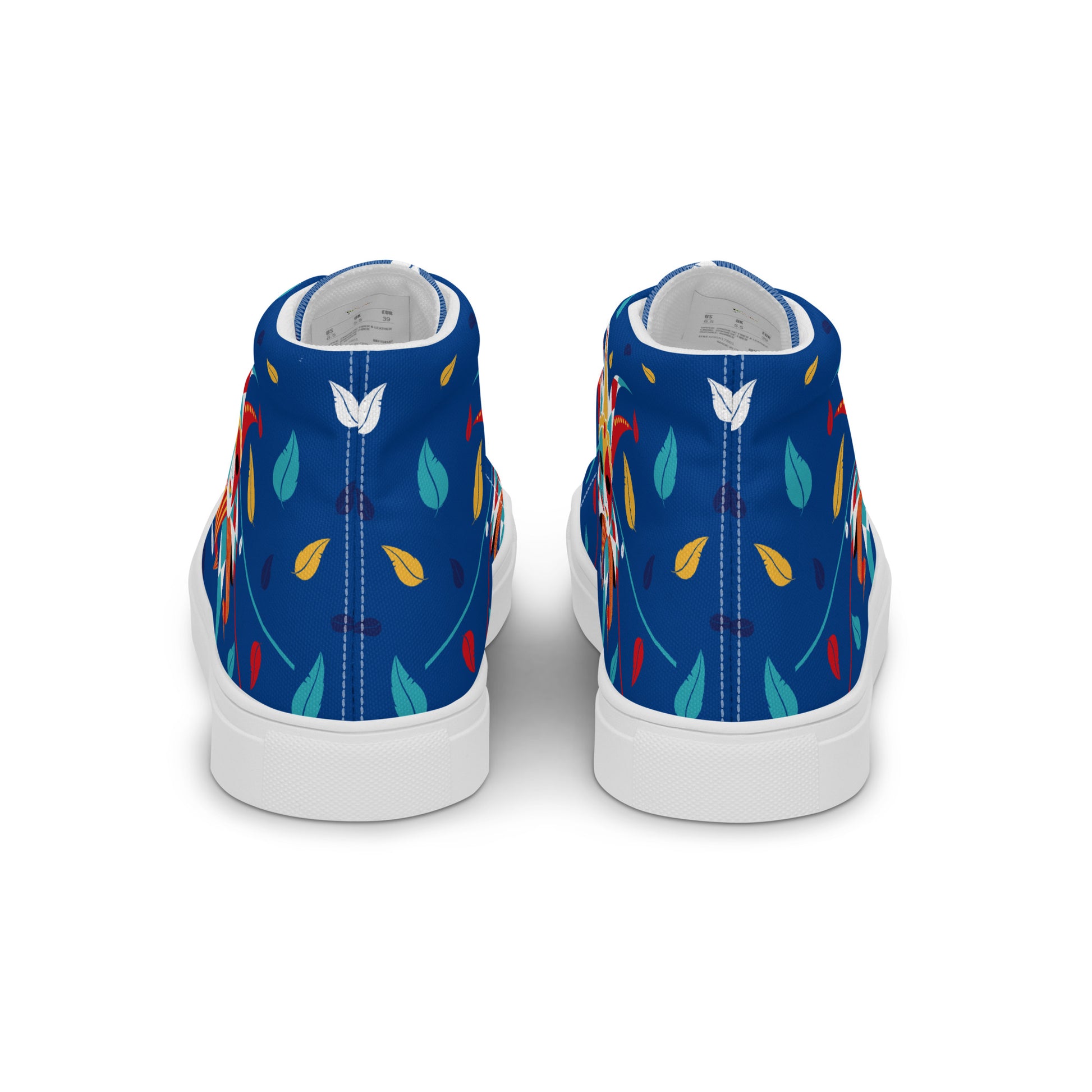 Rear view of Italy-Venetian Carnival Night blue sneakers from Aymar Quiris Studio, high-quality back detail of unisex artistic high-tops, stylish blue footwear.