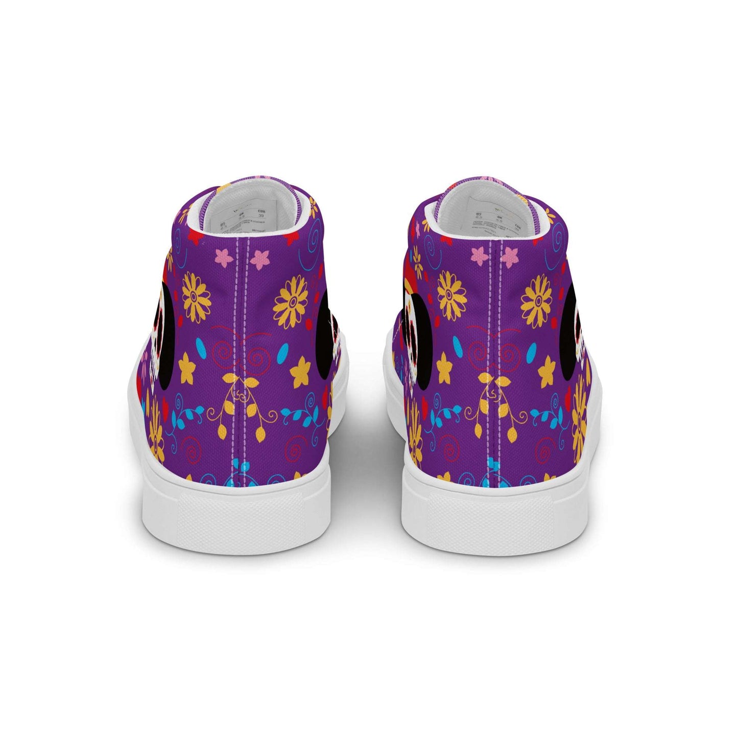 Rear view of purple Fiesta Sugar Skull high-tops, high-quality women's canvas sneakers with colorful Day of the Dead ethnic graphics.