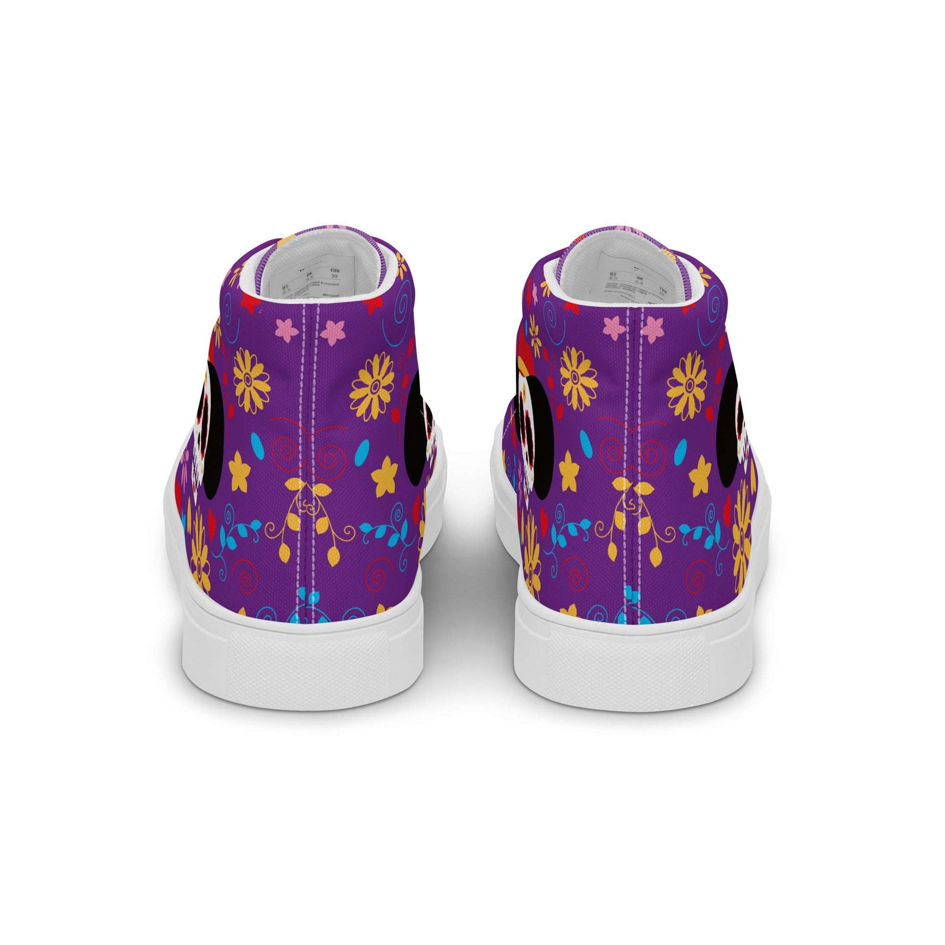 Rear view of purple Fiesta Sugar Skull high-tops, high-quality women's canvas sneakers with colorful Day of the Dead ethnic graphics.