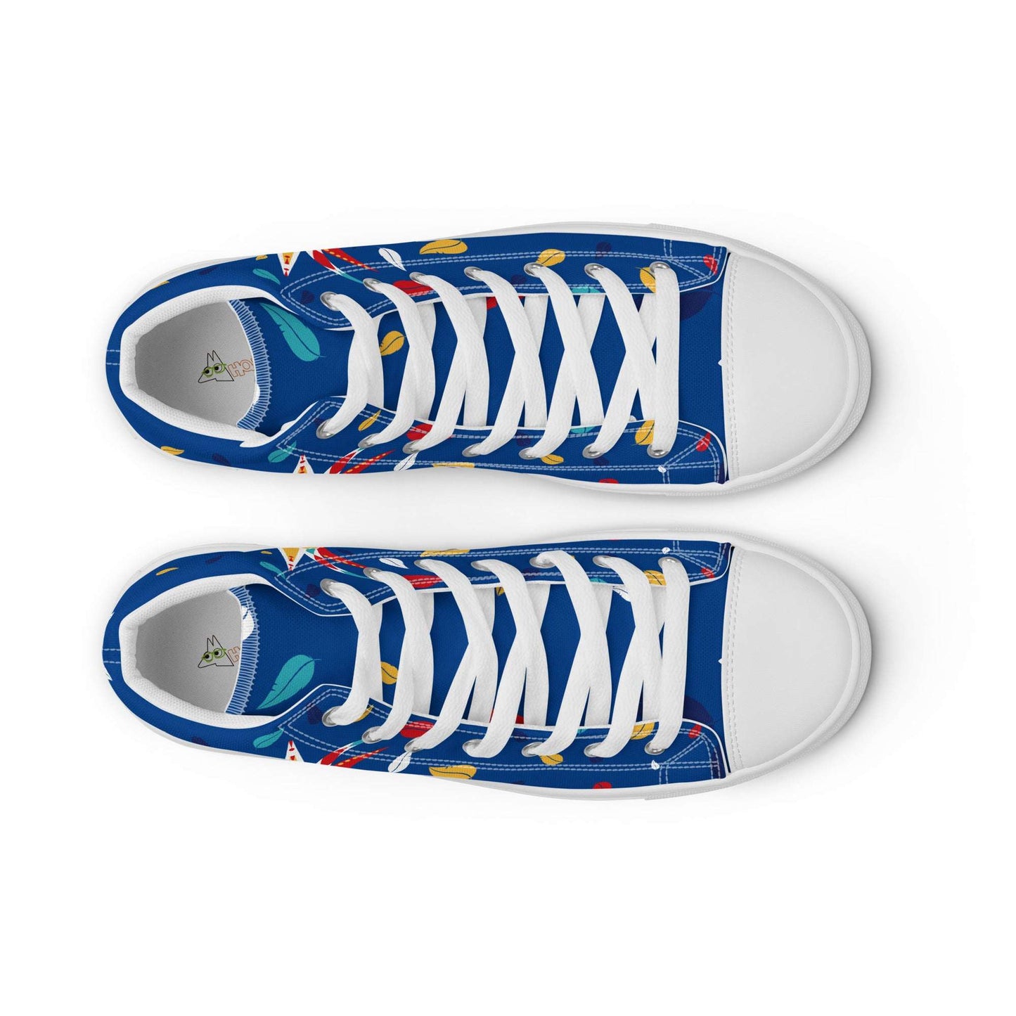 Top down view of unisex blue Italy-Venetian Carnival Night shoes, Aymar Quiris Studio aesthetic sneakers with all-gender fit and symmetrical mask print.