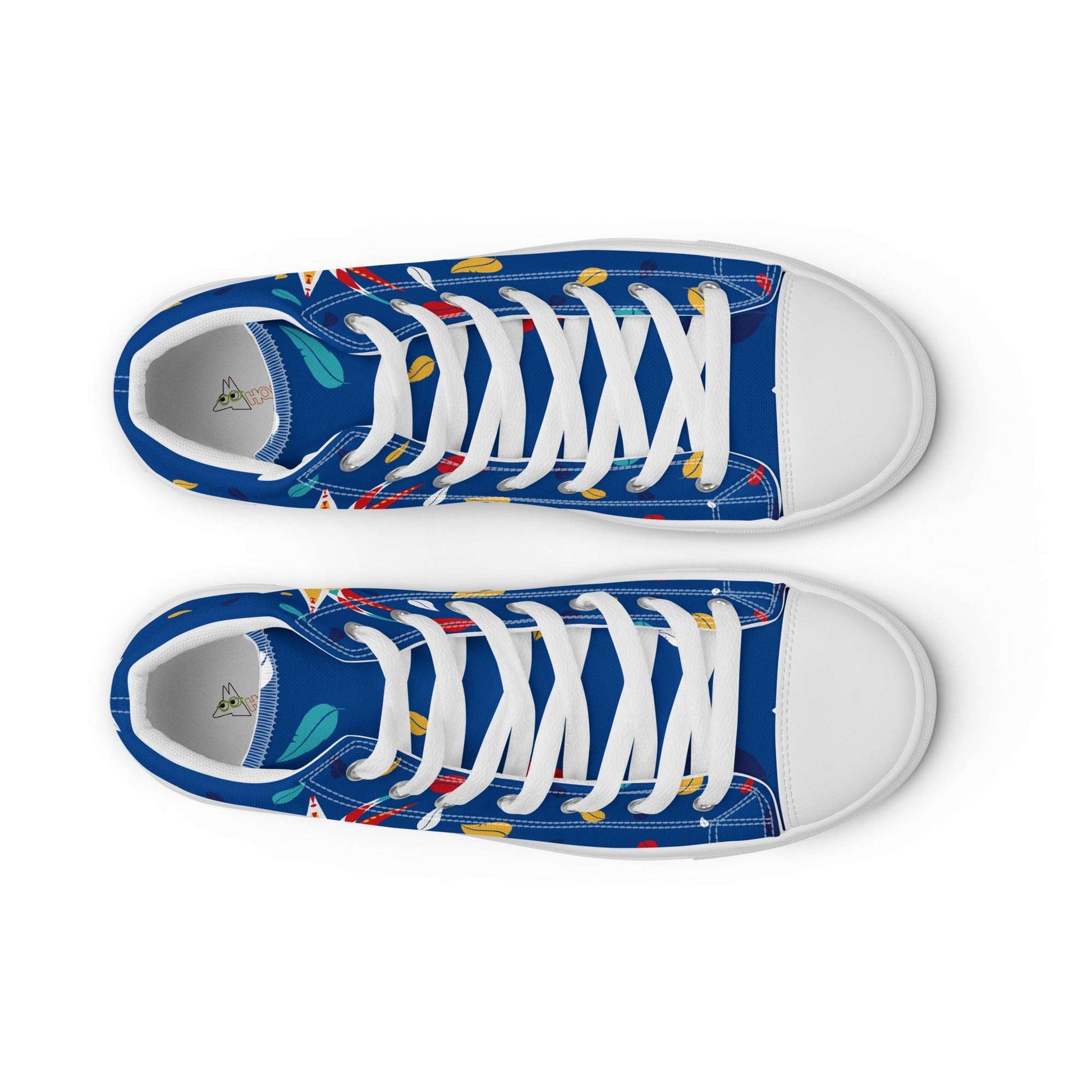 Top down view of unisex blue Italy-Venetian Carnival Night shoes, Aymar Quiris Studio aesthetic sneakers with all-gender fit and symmetrical mask print.