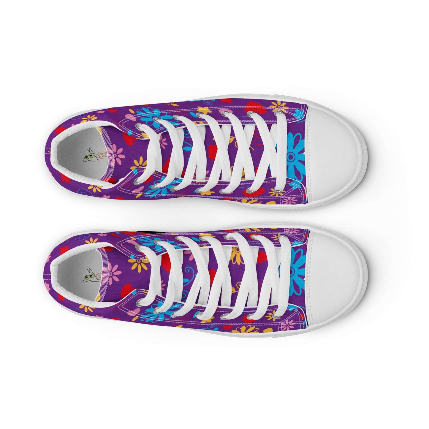 Top down view of purple Fiesta Sugar Skull shoes, aesthetic women's high-top sneakers with symmetrical sugar skull print, ideal gift for couples.