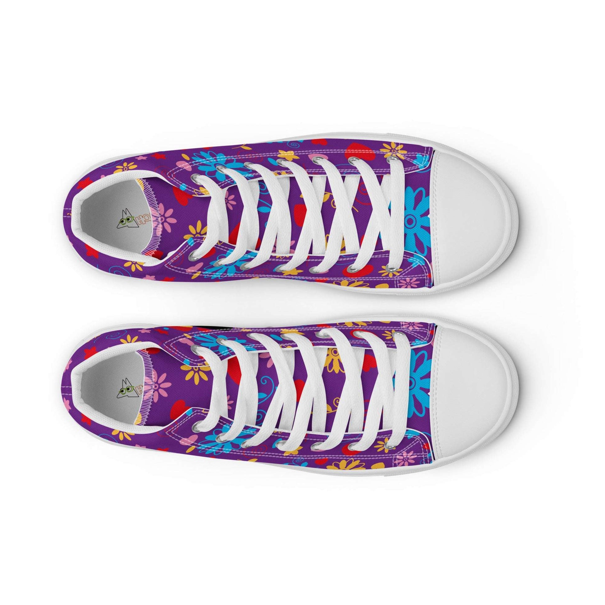 Top down view of purple Fiesta Sugar Skull shoes, aesthetic women's high-top sneakers with symmetrical sugar skull print, ideal gift for couples.
