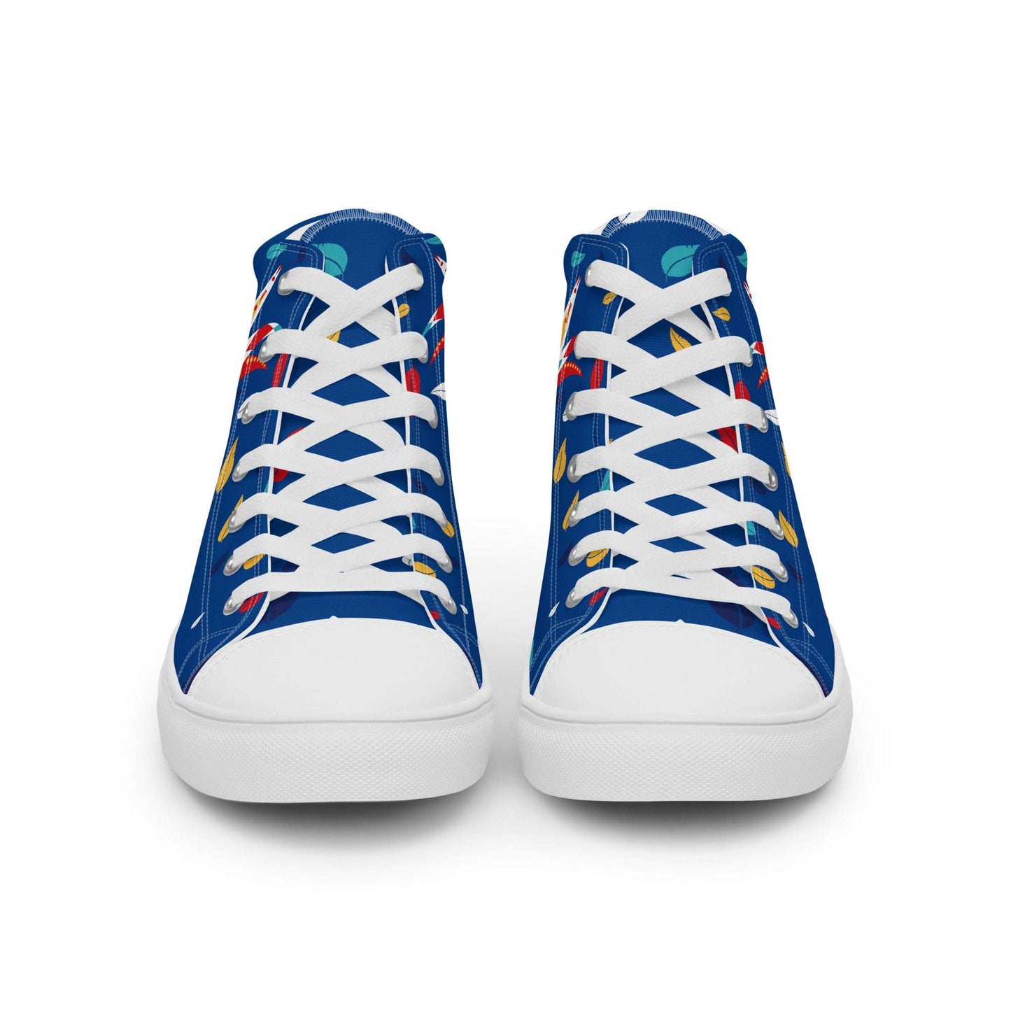 Front view of unisex Italy-Venetian Carnival Night blue shoes by Aymar Quiris Studio, gender-neutral high-top sneakers with Venetian mask art.