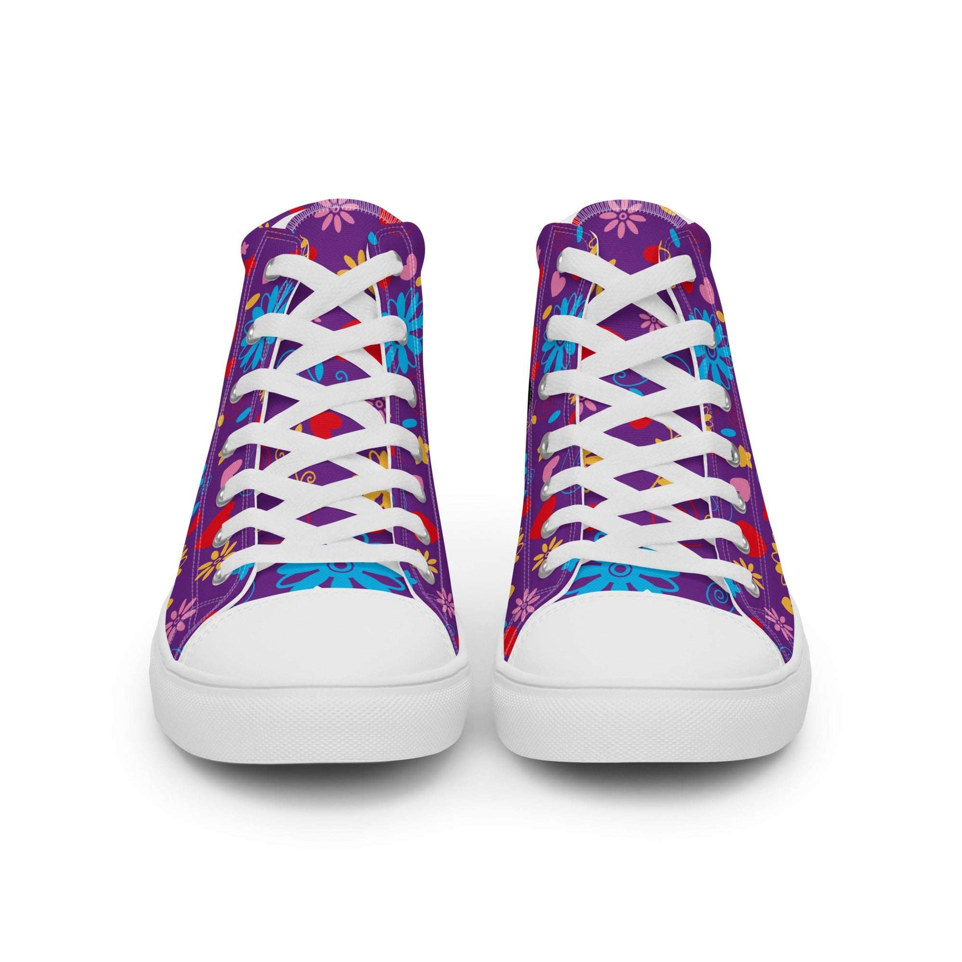 Front view of Fiesta Sugar Skull purple high-top sneakers by Aymar Quiris Studio, stylish women's canvas shoes with vibrant Mexican skull art.