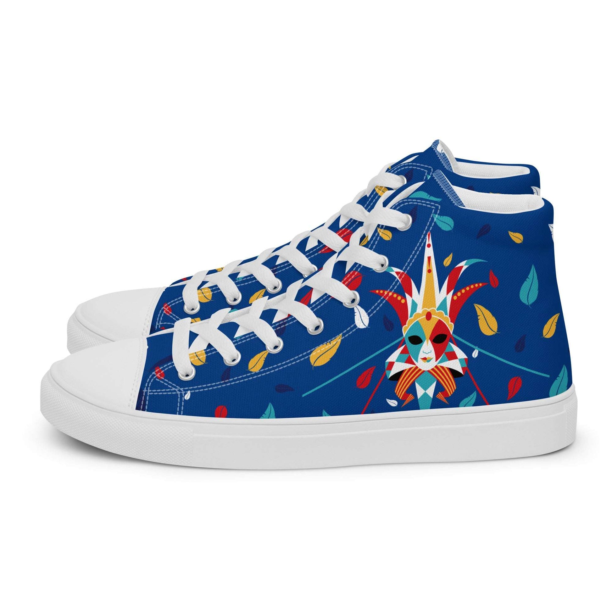 Side profile of Aymar Quiris Studio Italy-Venetian Carnival Night shoes, trendy blue canvas sneakers with intricate mask graphics, cool artistic street style shoes.