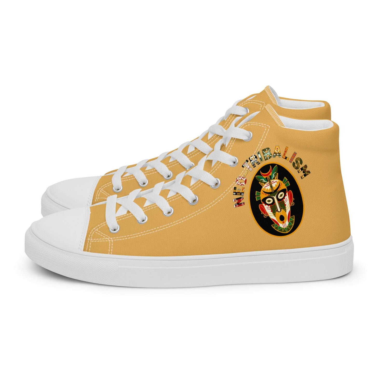 Africa-Neo Tribal Mask shoes by Aymar Quiris Studio, mustard yellow unisex streetwear sneakers with ethnic tribal mask pattern.