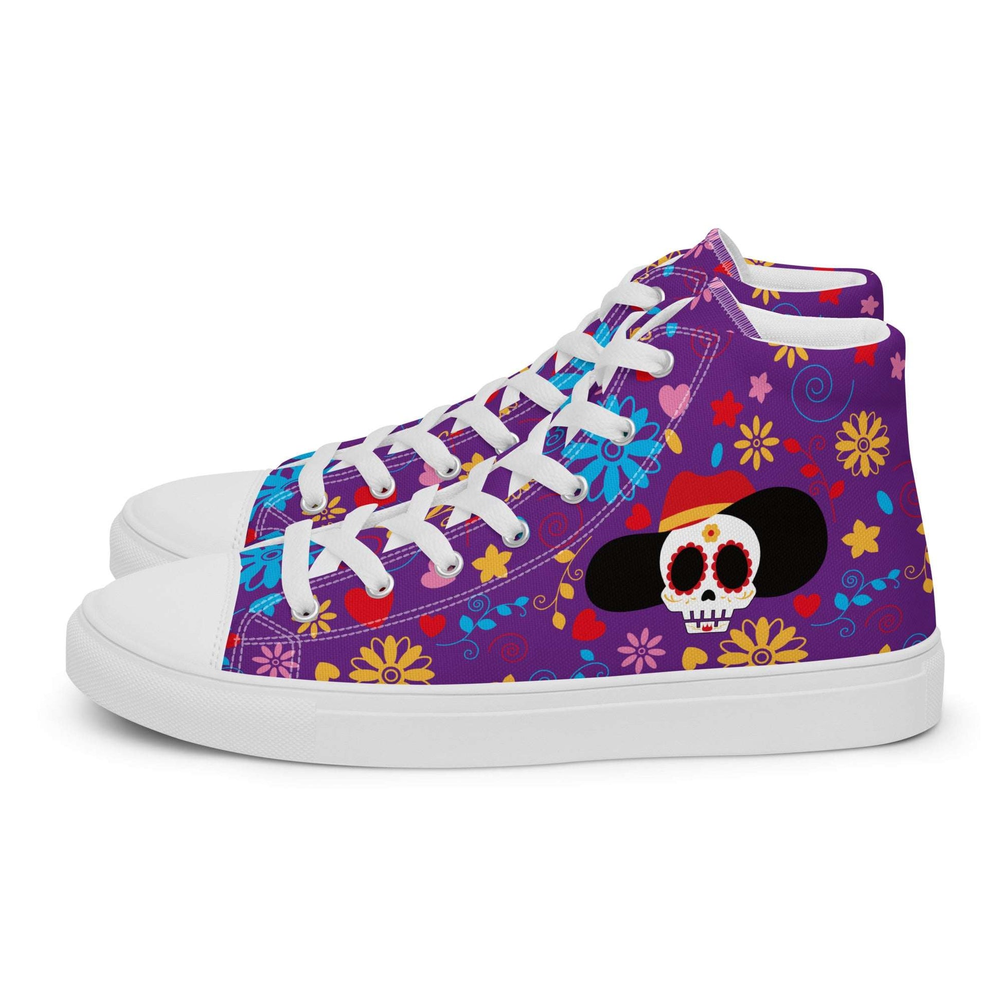 Side profile of Aymar Quiris Studio purple Fiesta Sugar Skull shoes, trendy high-top sneakers for women, perfect for matching couples' streetwear outfits.