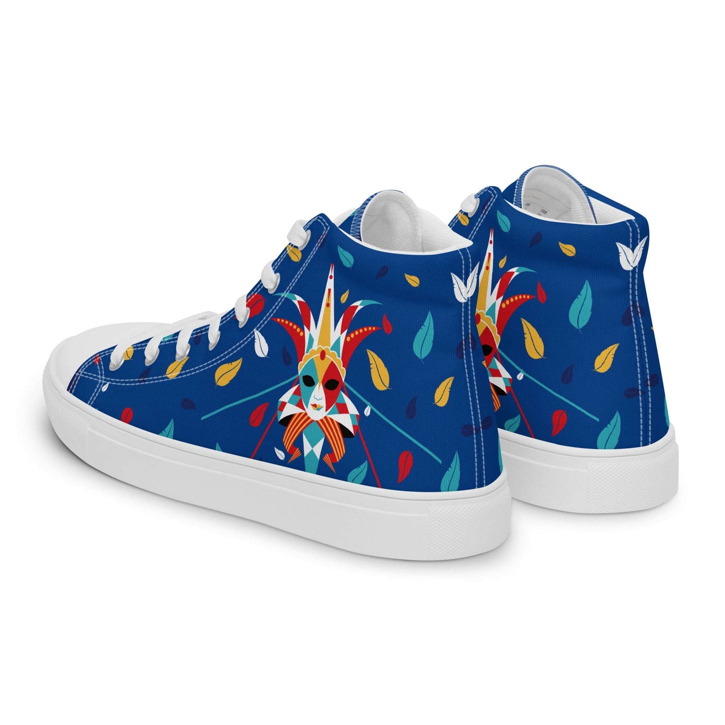 Side profile of unisex Italy-Venetian Carnival Night sneakers, Aymar Quiris Studio blue canvas shoes for both men and women, artistic streetwear style.