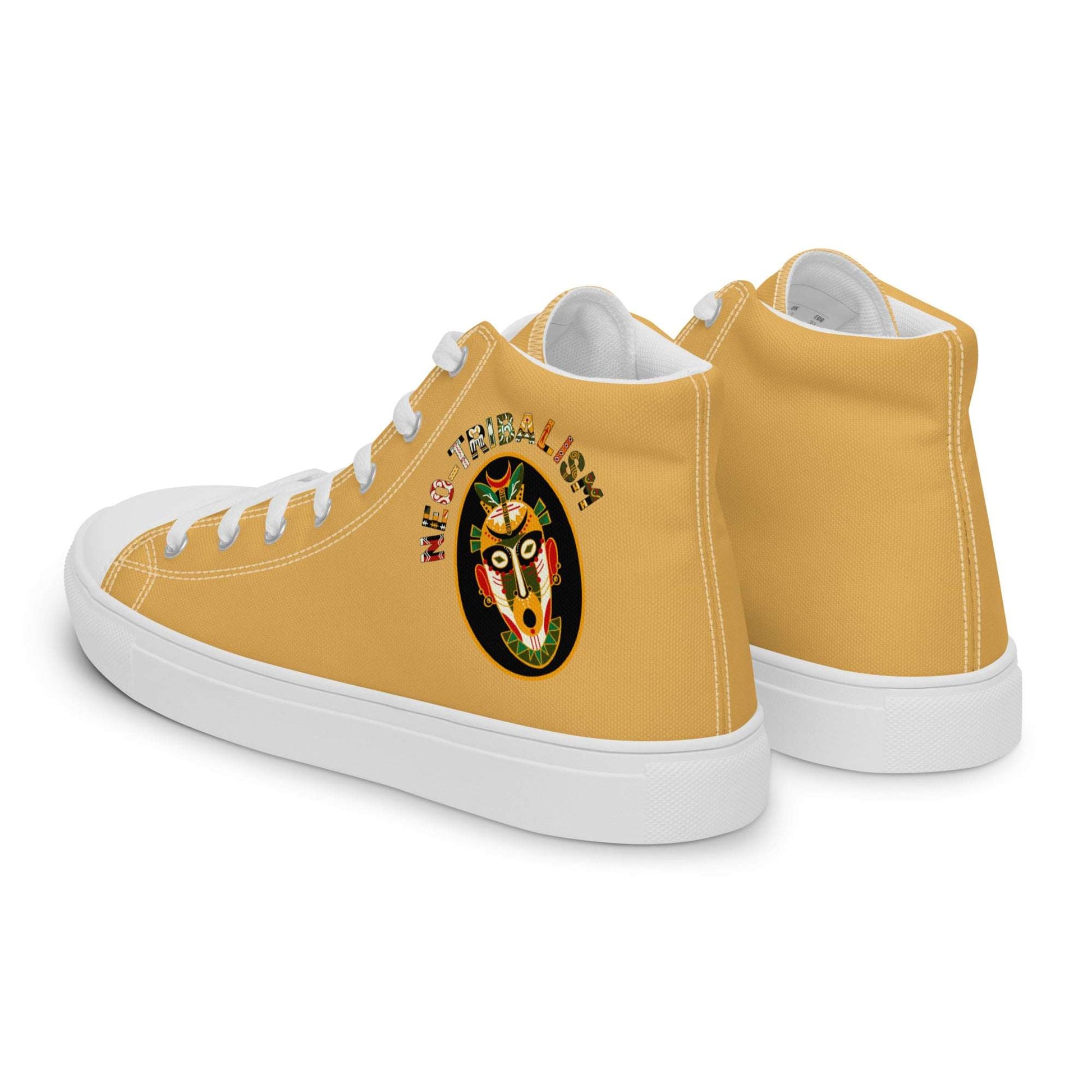 Unique mustard yellow Africa-Neo Tribal Mask sneakers from Aymar Quiris Studio, trendy unisex street style shoes with bold ethnic graphics.