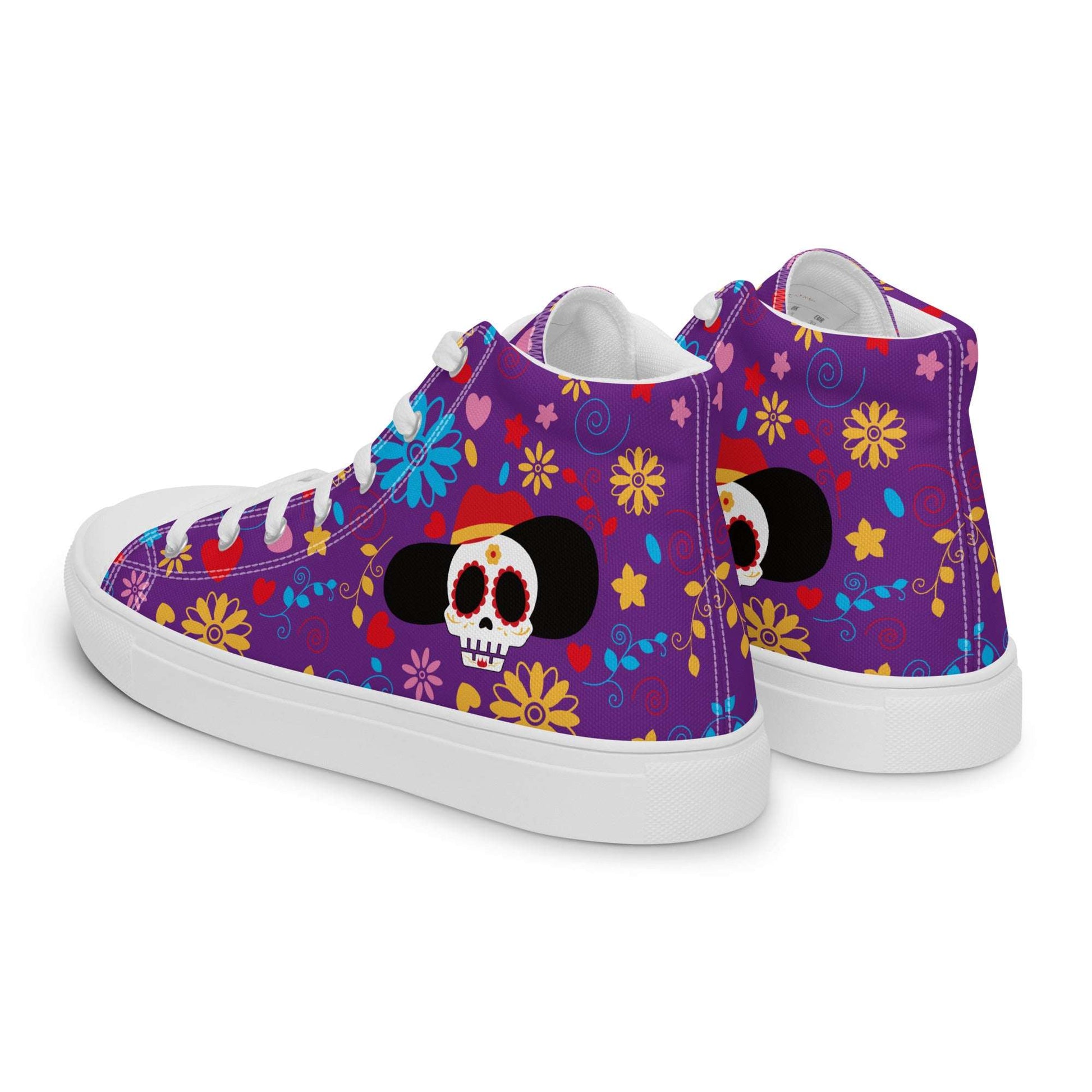 Rear view of purple Fiesta Sugar Skull high-tops, high-quality women's canvas sneakers with colorful Day of the Dead ethnic graphics.