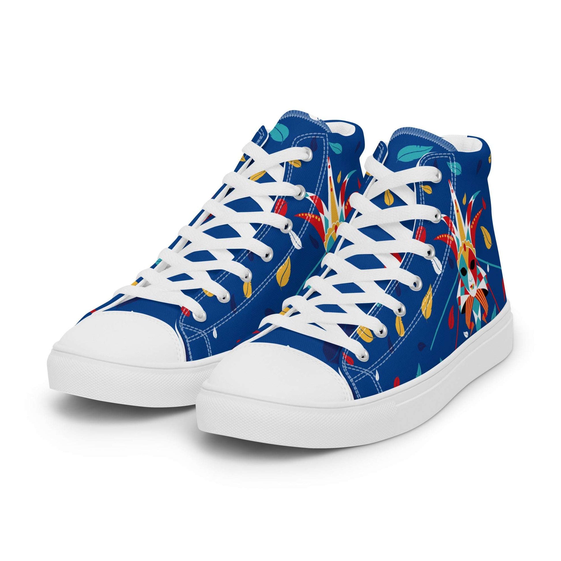 Side profile of Aymar Quiris Studio Italy-Venetian Carnival Night shoes, trendy blue canvas sneakers with intricate mask graphics, cool artistic street style shoes.